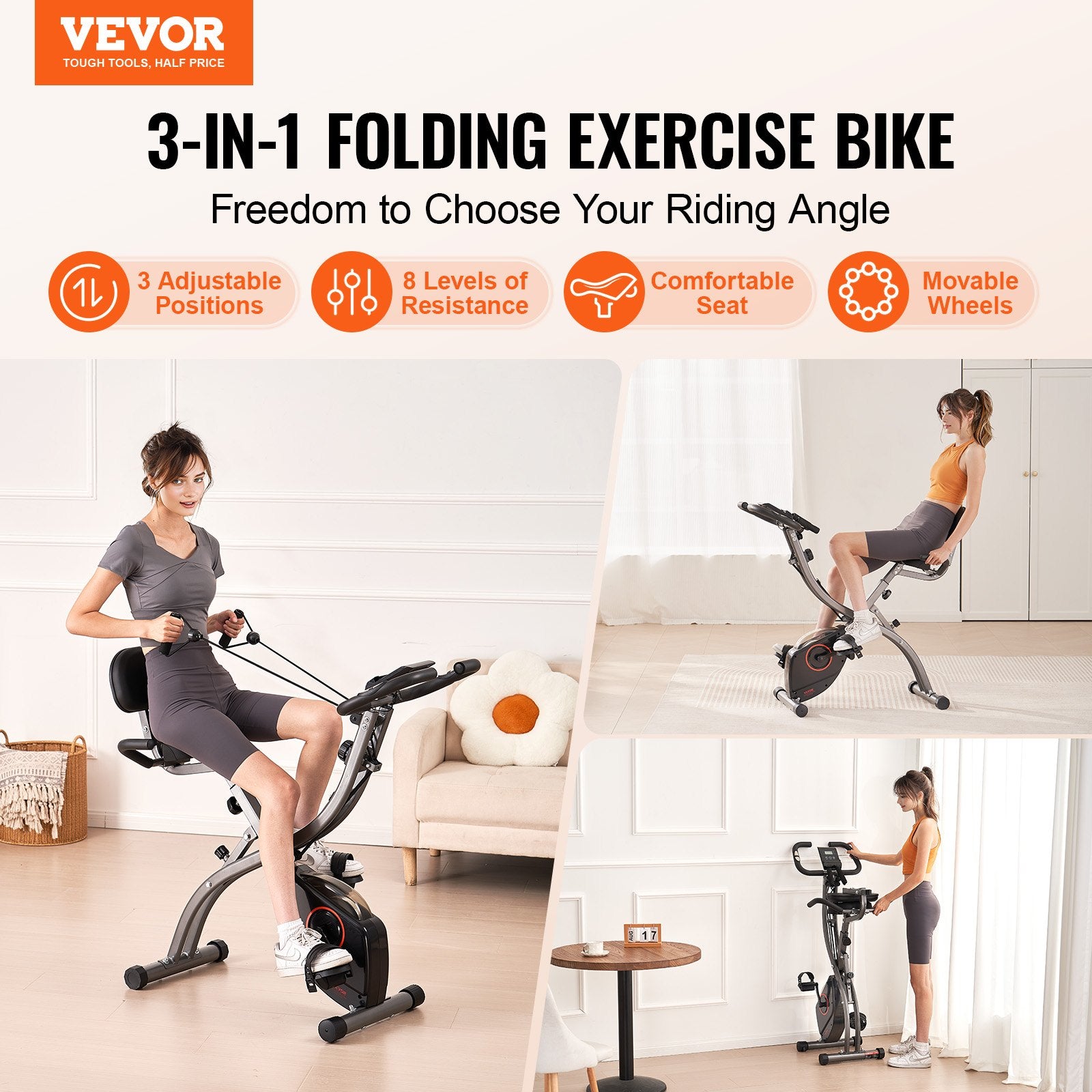 Exercise Bikes: VEVOR Folding Exercise Bike, Foldable Fitness Stationary Bike, Adjustable Magnetic Resistance Stationary Bike, Upright Indoor Cycling Bike for Home Gym Workout, Comfortable Seat Cushion, LCD Monitor