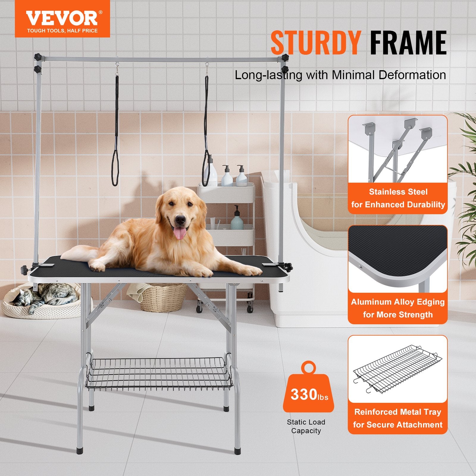 Dog Grooming Supplies: VEVOR Pet Grooming Table Two Arms with Clamp, 117cm Dog Grooming Station, Foldable Pets Grooming Stand for Medium and Small Dogs, Free Two No Sit Haunch Holder with Grooming Loop, Bearing 149.7kg
