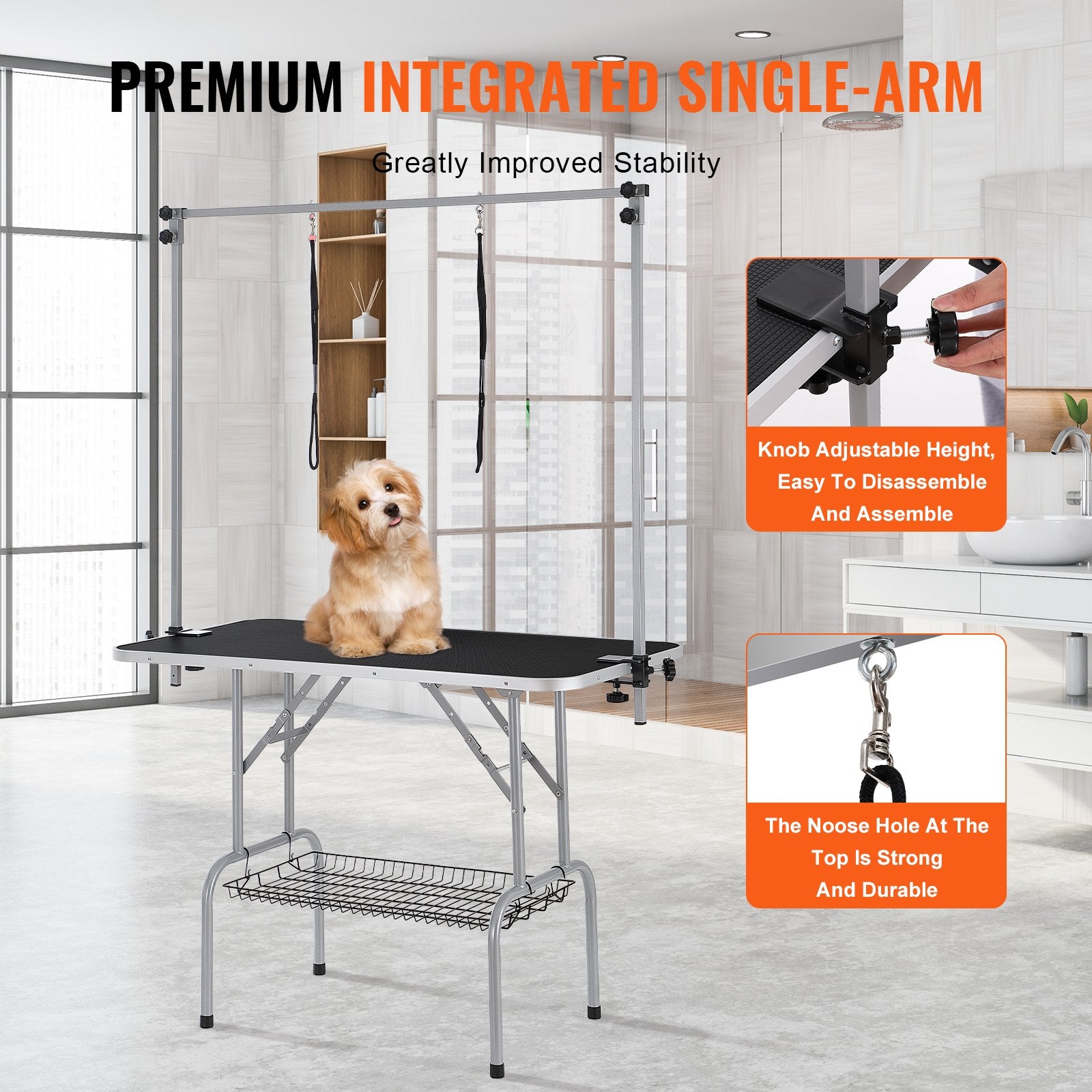Dog Grooming Supplies: VEVOR Pet Grooming Table Two Arms with Clamp, 117cm Dog Grooming Station, Foldable Pets Grooming Stand for Medium and Small Dogs, Free Two No Sit Haunch Holder with Grooming Loop, Bearing 149.7kg