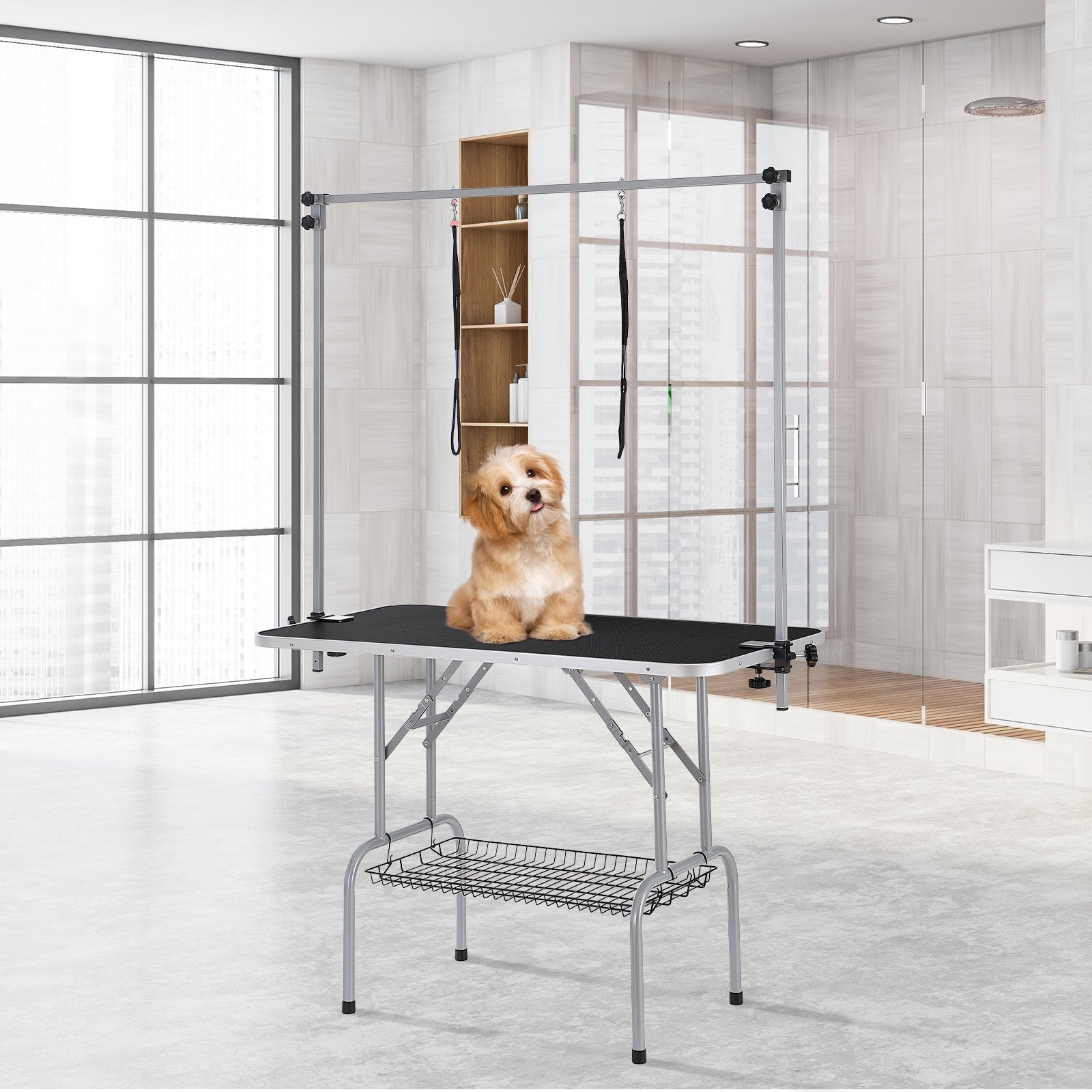Dog Grooming Supplies: VEVOR Pet Grooming Table Two Arms with Clamp, 117cm Dog Grooming Station, Foldable Pets Grooming Stand for Medium and Small Dogs, Free Two No Sit Haunch Holder with Grooming Loop, Bearing 149.7kg
