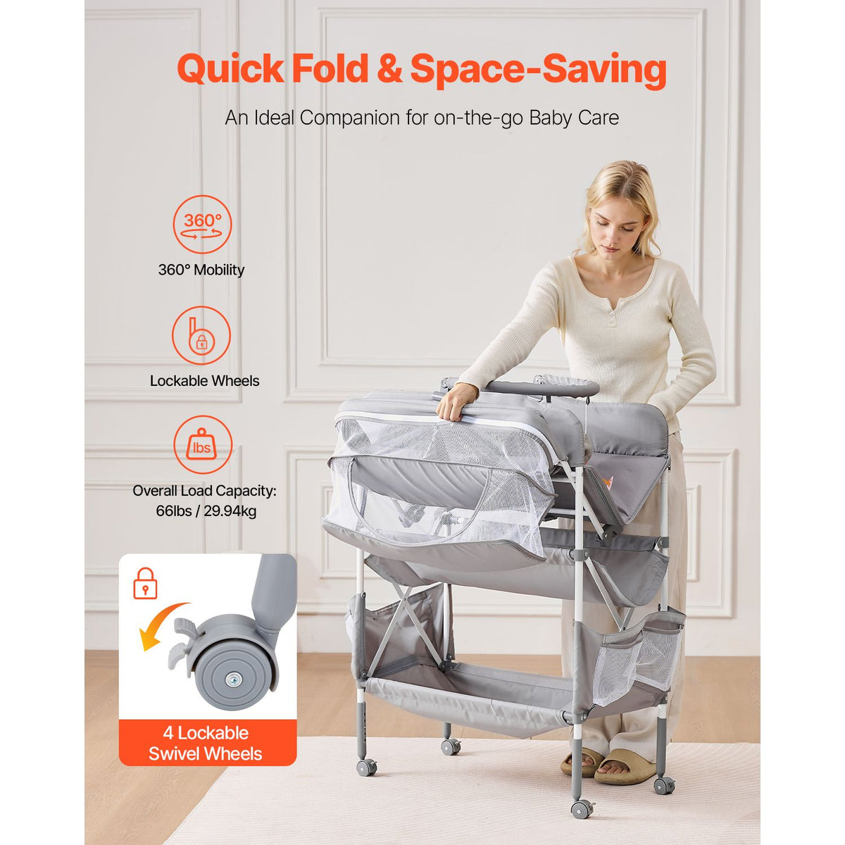 Baby Changing Table, Foldable Diaper Change Station with 2 Fabric Drawers, Side Basket & Hanging Rod, Adjustable Height Portable Changing Table with Lockable Wheels & 2 Star Toys, Light Gray