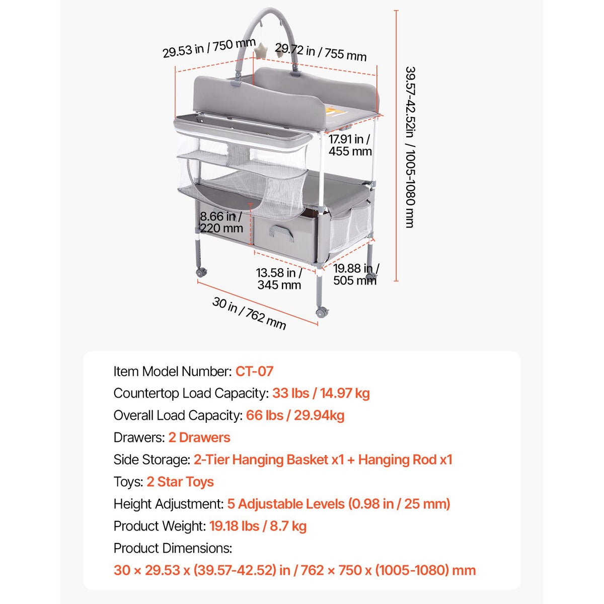 Baby Changing Table, Foldable Diaper Change Station with 2 Fabric Drawers, Side Basket & Hanging Rod, Adjustable Height Portable Changing Table with Lockable Wheels & 2 Star Toys, Light Gray