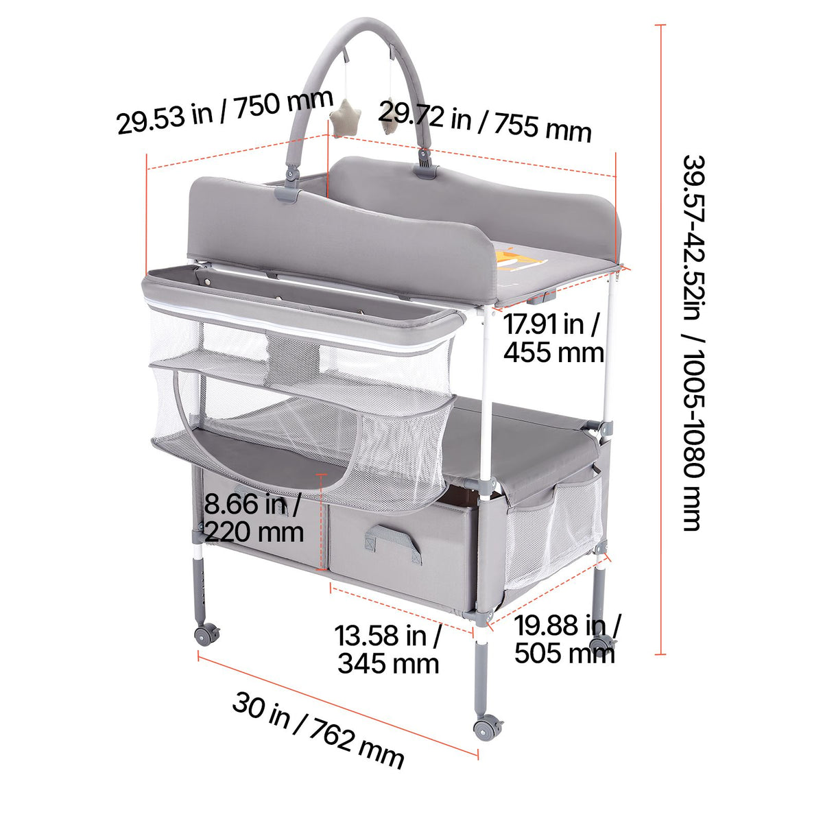 Baby Changing Table, Foldable Diaper Change Station with 2 Fabric Drawers, Side Basket & Hanging Rod, Adjustable Height Portable Changing Table with Lockable Wheels & 2 Star Toys, Light Gray