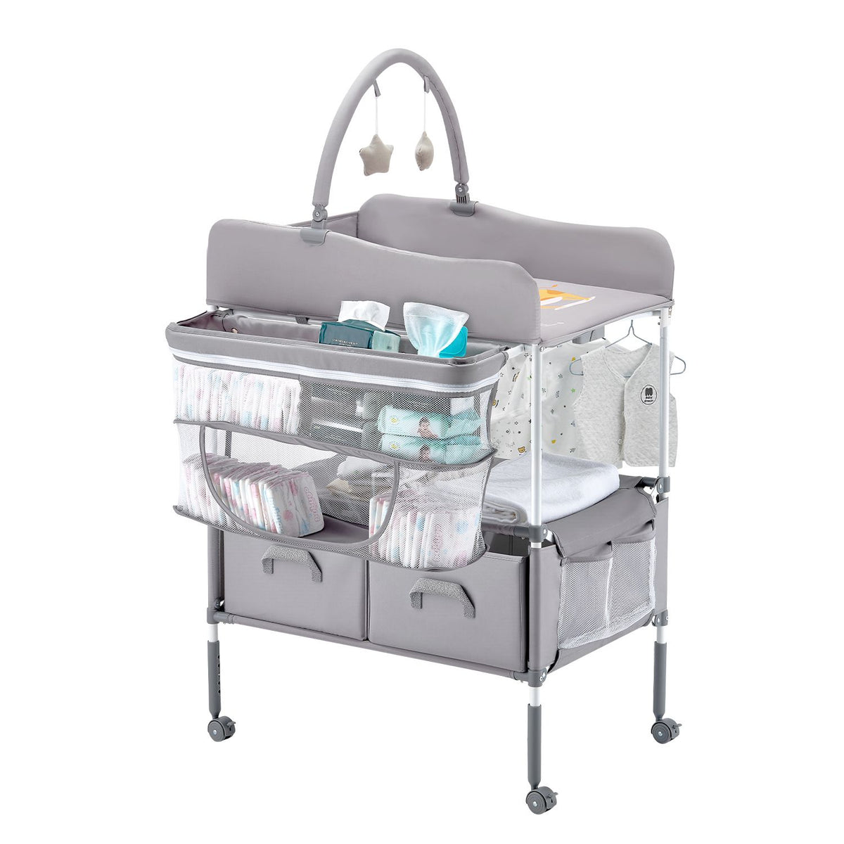 Baby Changing Table, Foldable Diaper Change Station with 2 Fabric Drawers, Side Basket & Hanging Rod, Adjustable Height Portable Changing Table with Lockable Wheels & 2 Star Toys, Light Gray