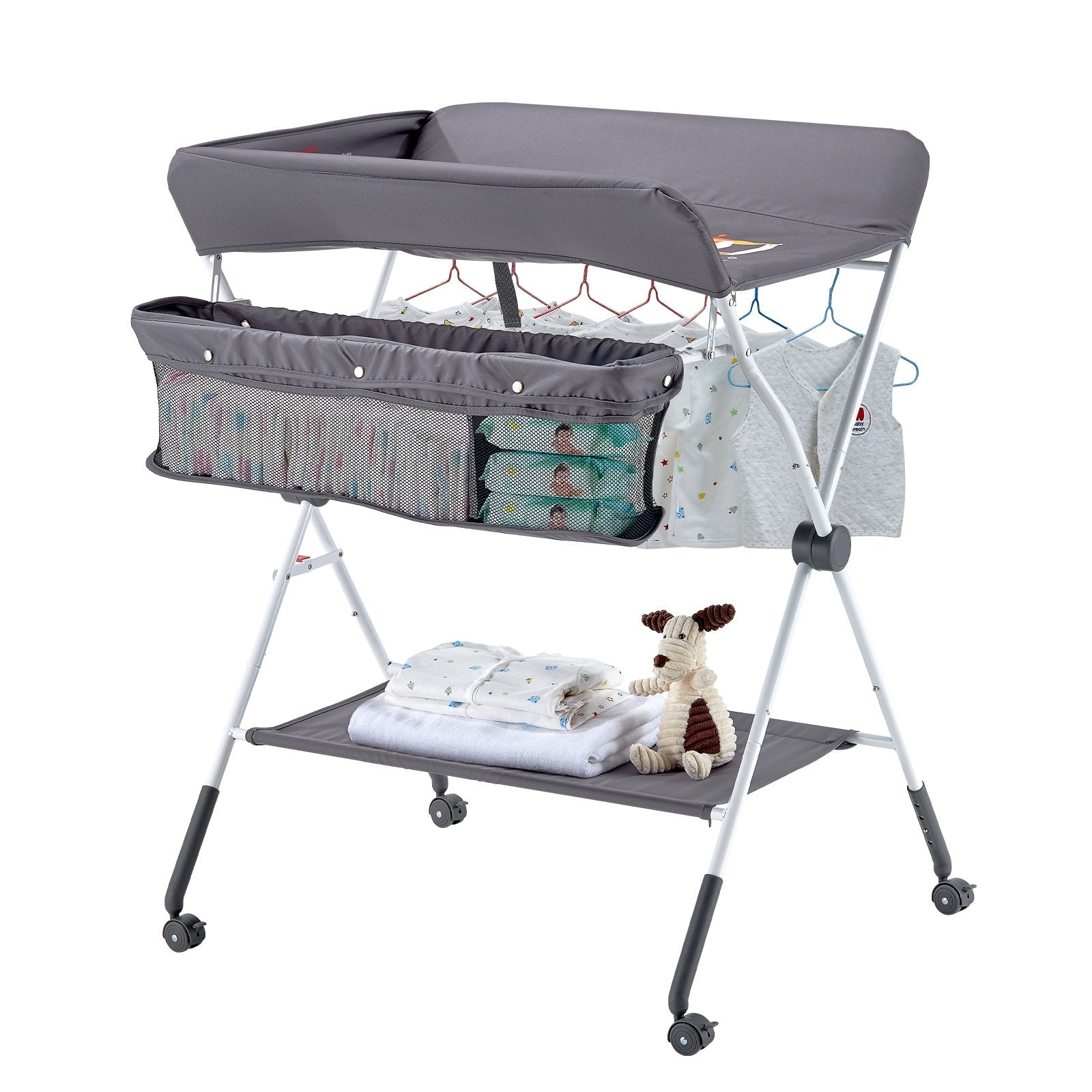 Changing Tables: VEVOR Baby Changing Table, Foldable Diaper Change Station with Side Basket, Adjustable Height Portable Changing Table with Lockable Wheels, Multi-Functional Storage Organizer Nursery, Dark Gray