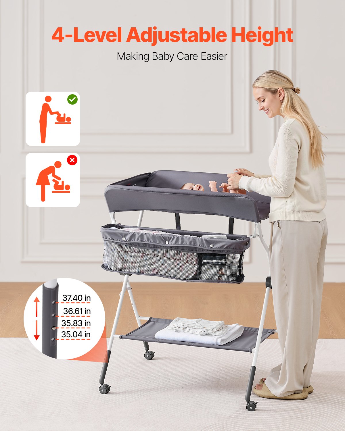 Changing Tables: VEVOR Baby Changing Table, Foldable Diaper Change Station with Side Basket, Adjustable Height Portable Changing Table with Lockable Wheels, Multi-Functional Storage Organizer Nursery, Dark Gray