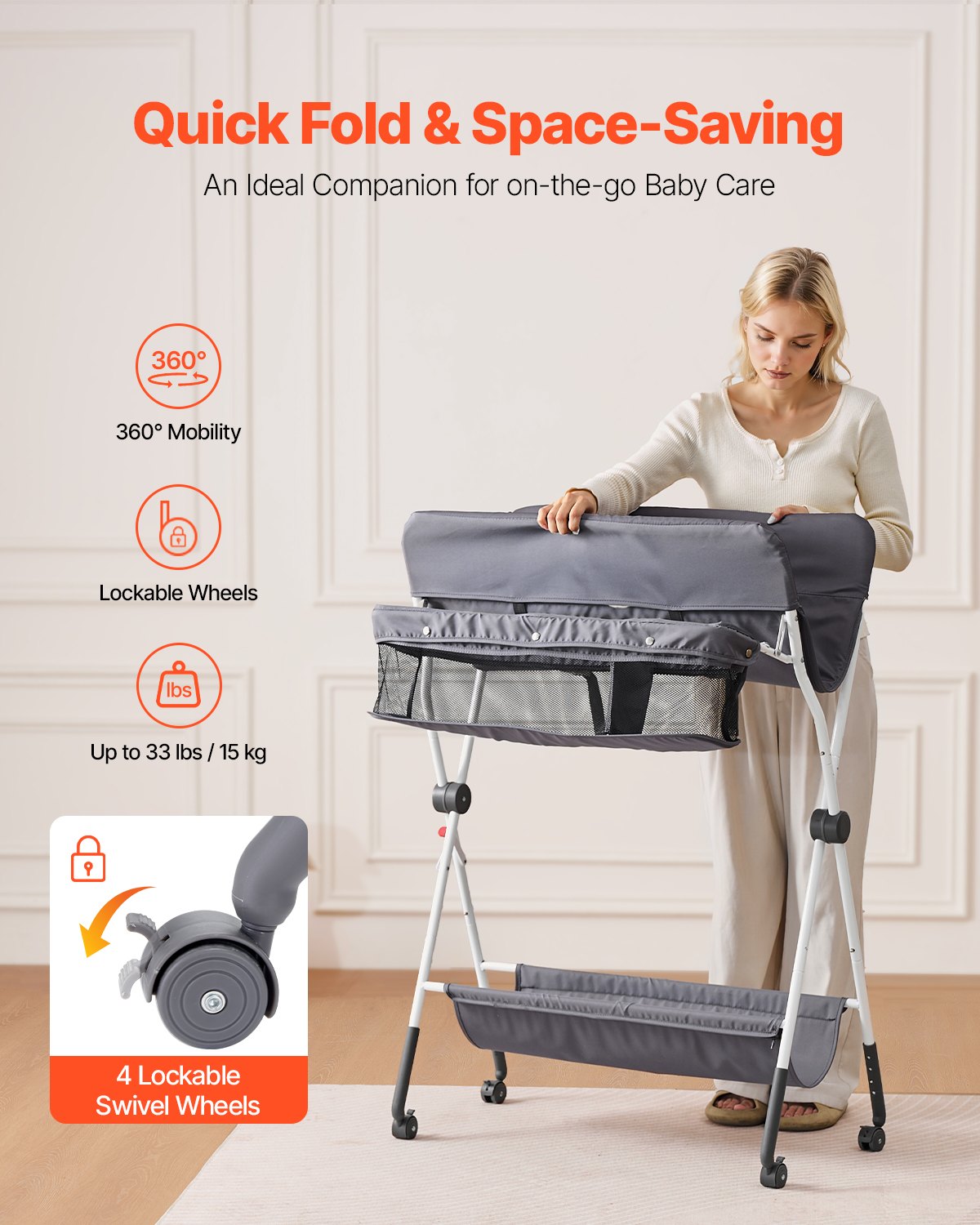 Changing Tables: VEVOR Baby Changing Table, Foldable Diaper Change Station with Side Basket, Adjustable Height Portable Changing Table with Lockable Wheels, Multi-Functional Storage Organizer Nursery, Dark Gray