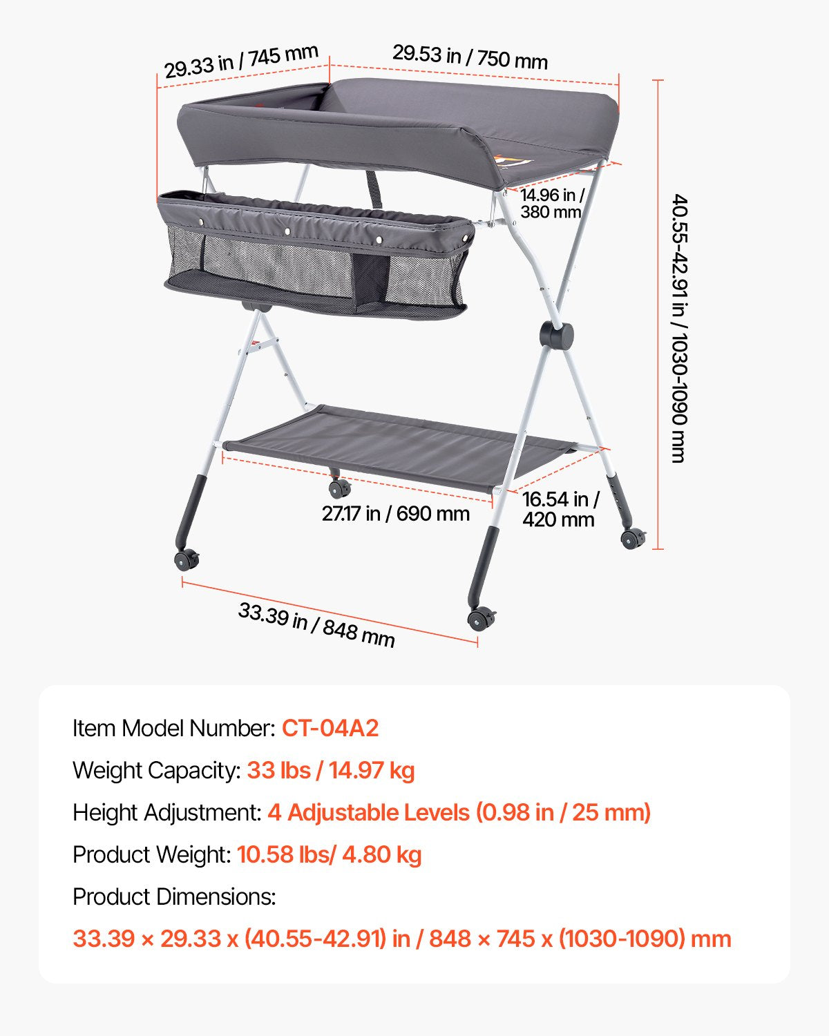 Changing Tables: VEVOR Baby Changing Table, Foldable Diaper Change Station with Side Basket, Adjustable Height Portable Changing Table with Lockable Wheels, Multi-Functional Storage Organizer Nursery, Dark Gray