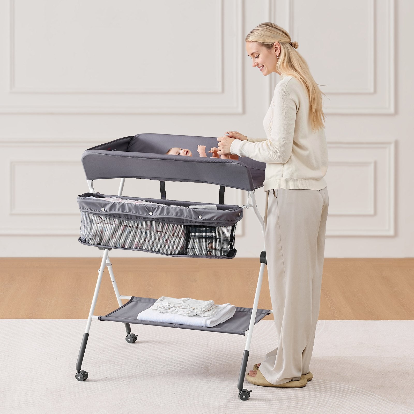 Changing Tables: VEVOR Baby Changing Table, Foldable Diaper Change Station with Side Basket, Adjustable Height Portable Changing Table with Lockable Wheels, Multi-Functional Storage Organizer Nursery, Dark Gray