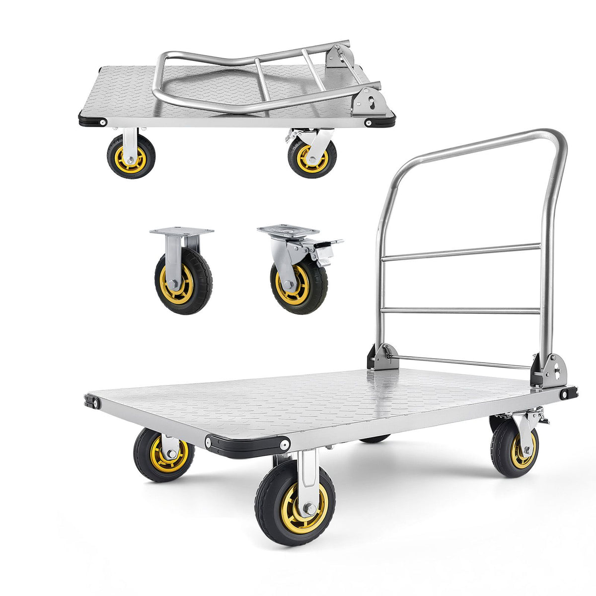 Platform Truck, 907.18 kg Capacity, Heavy Duty Steel Flatbed Cart with Swivel Wheels and Handle, Foldable Platform Hand Push Truck Dolly, for Groceries, Garage, Warehouse, 900 x 600 x 900 mm