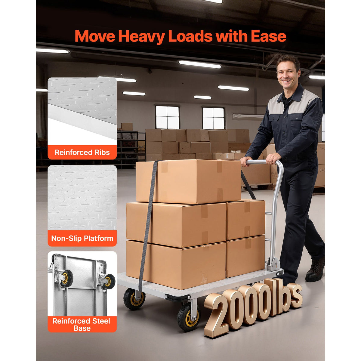 Platform Truck, 907.18 kg Capacity, Heavy Duty Steel Flatbed Cart with Swivel Wheels and Handle, Foldable Platform Hand Push Truck Dolly, for Groceries, Garage, Warehouse, 900 x 600 x 900 mm