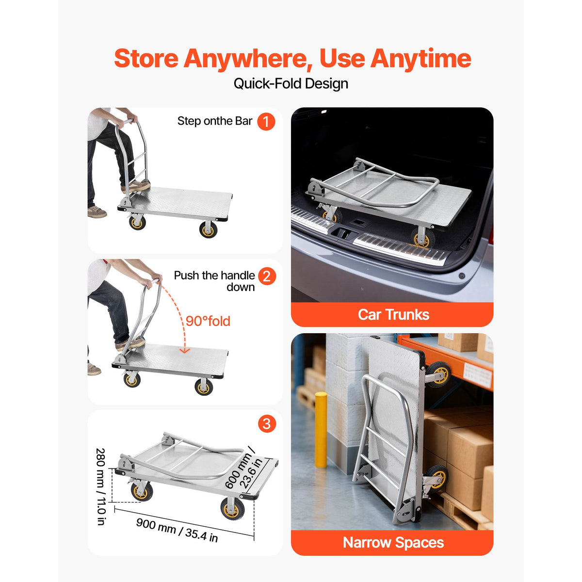 Platform Truck, 907.18 kg Capacity, Heavy Duty Steel Flatbed Cart with Swivel Wheels and Handle, Foldable Platform Hand Push Truck Dolly, for Groceries, Garage, Warehouse, 900 x 600 x 900 mm