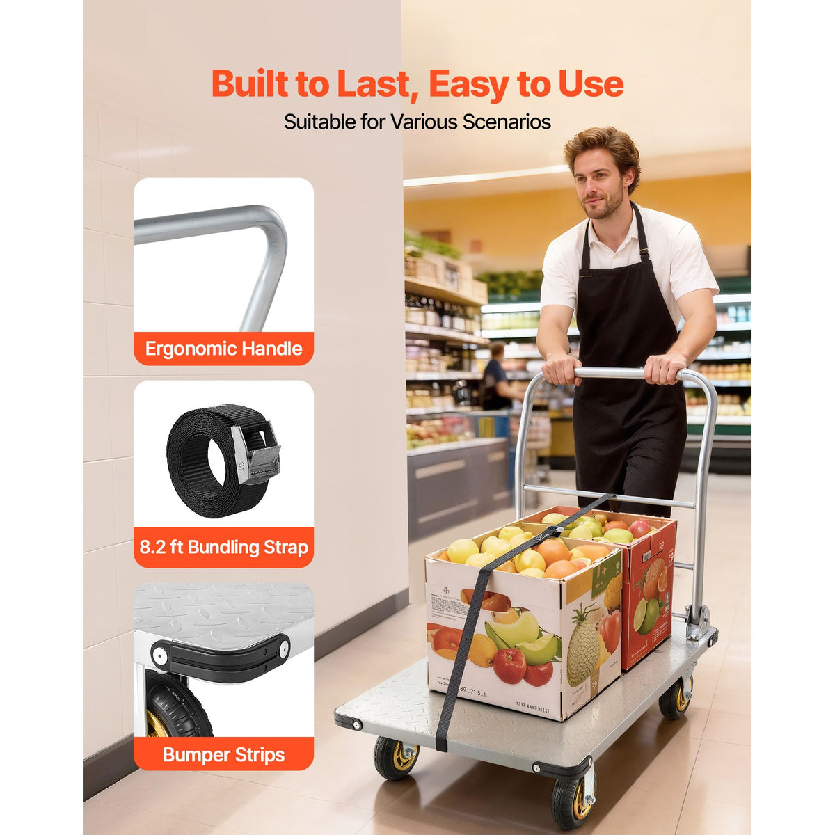 Platform Truck, 907.18 kg Capacity, Heavy Duty Steel Flatbed Cart with Swivel Wheels and Handle, Foldable Platform Hand Push Truck Dolly, for Groceries, Garage, Warehouse, 900 x 600 x 900 mm