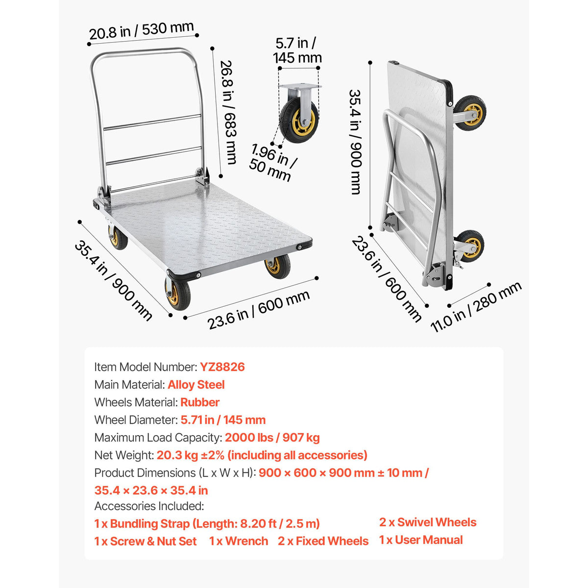 Platform Truck, 907.18 kg Capacity, Heavy Duty Steel Flatbed Cart with Swivel Wheels and Handle, Foldable Platform Hand Push Truck Dolly, for Groceries, Garage, Warehouse, 900 x 600 x 900 mm