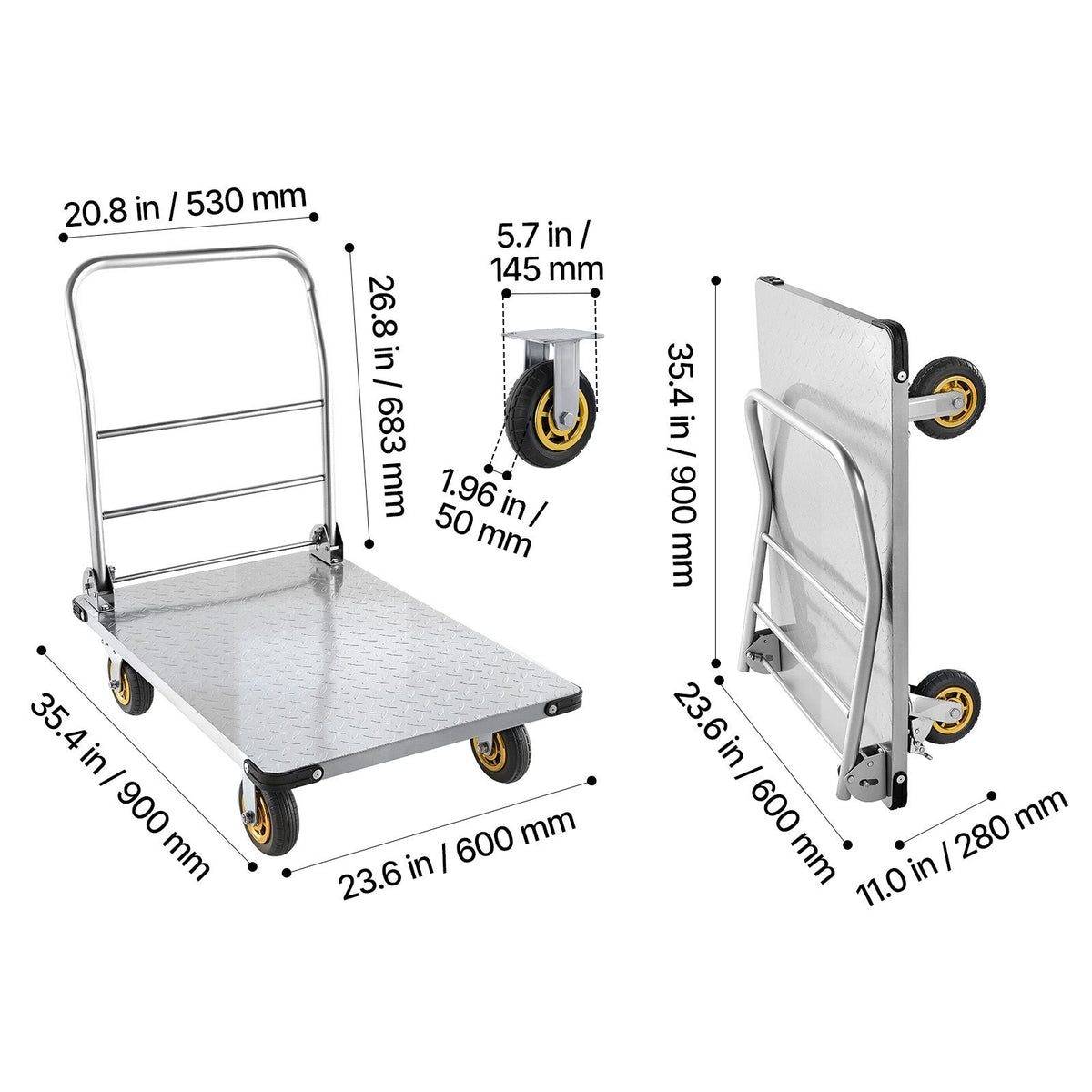 Platform Truck, 907.18 kg Capacity, Heavy Duty Steel Flatbed Cart with Swivel Wheels and Handle, Foldable Platform Hand Push Truck Dolly, for Groceries, Garage, Warehouse, 900 x 600 x 900 mm