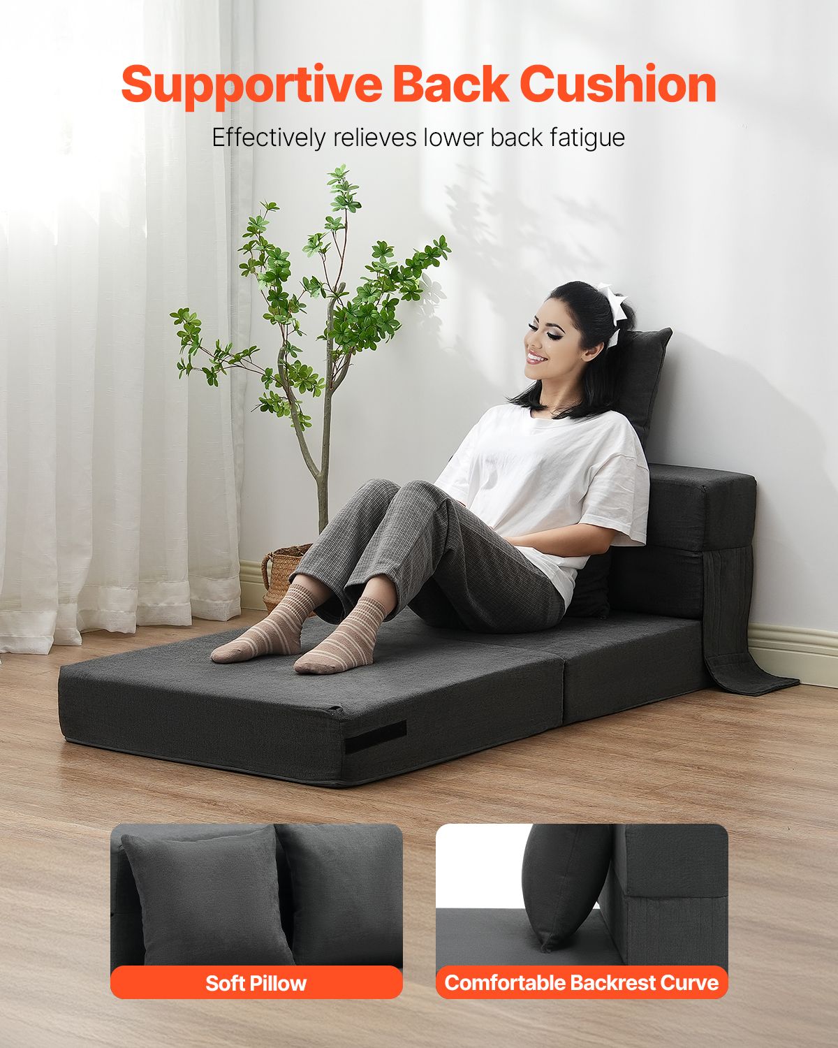 Folding Sofa Bed, 3-in-1 Foldable Couch Bed with 2 Pillows and Washable Cover, 25D High Density Memory Foam Convertible Sleeper Chair Bed, Futon Couch for Living Room, Bedroom, Dark Grey(Single)