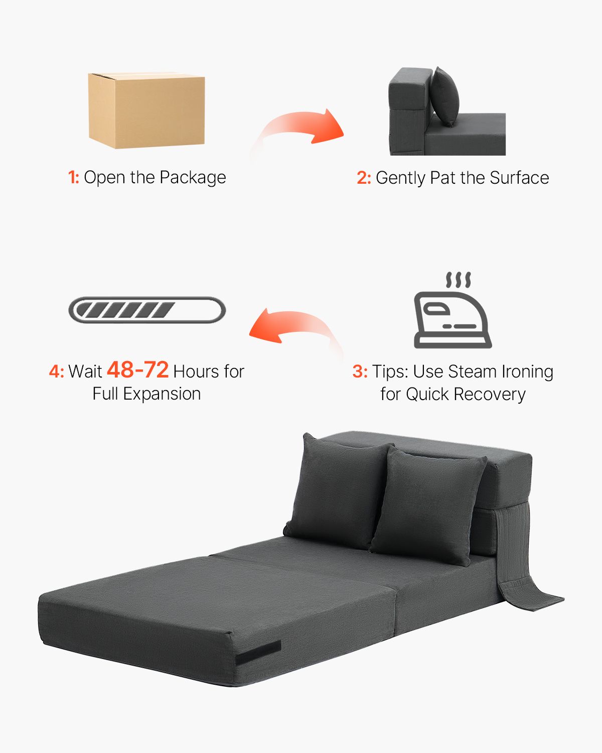 Folding Sofa Bed, 3-in-1 Foldable Couch Bed with 2 Pillows and Washable Cover, 25D High Density Memory Foam Convertible Sleeper Chair Bed, Futon Couch for Living Room, Bedroom, Dark Grey(Single)