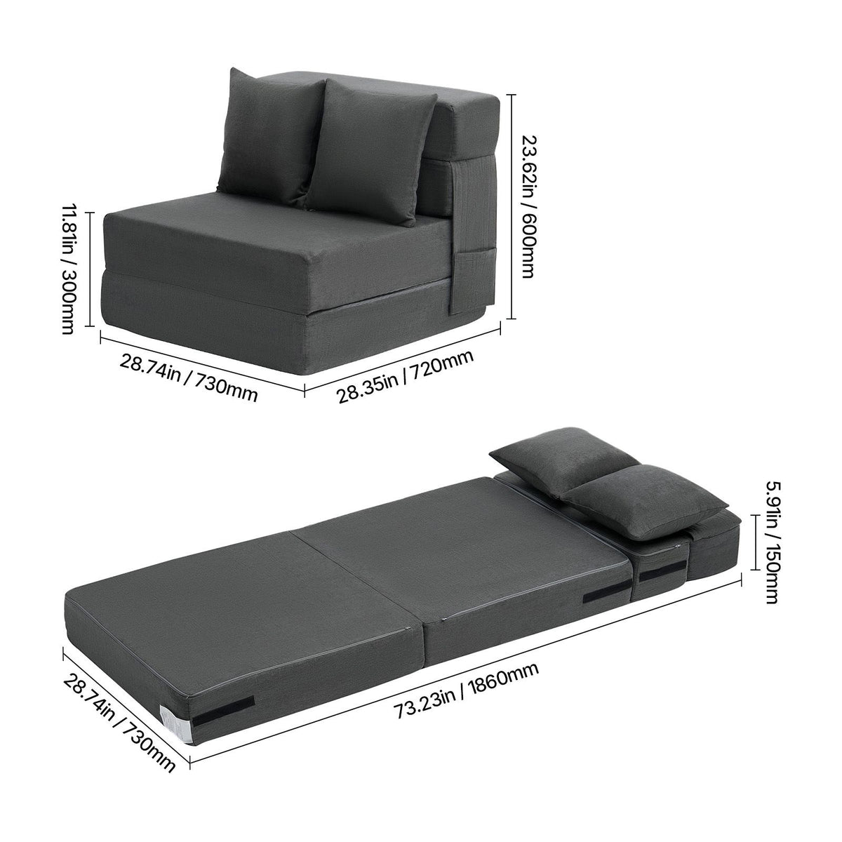Folding Sofa Bed, 3-in-1 Foldable Couch Bed with 2 Pillows and Washable Cover, 25D High Density Memory Foam Convertible Sleeper Chair Bed, Futon Couch for Living Room, Bedroom, Dark Grey(Single)