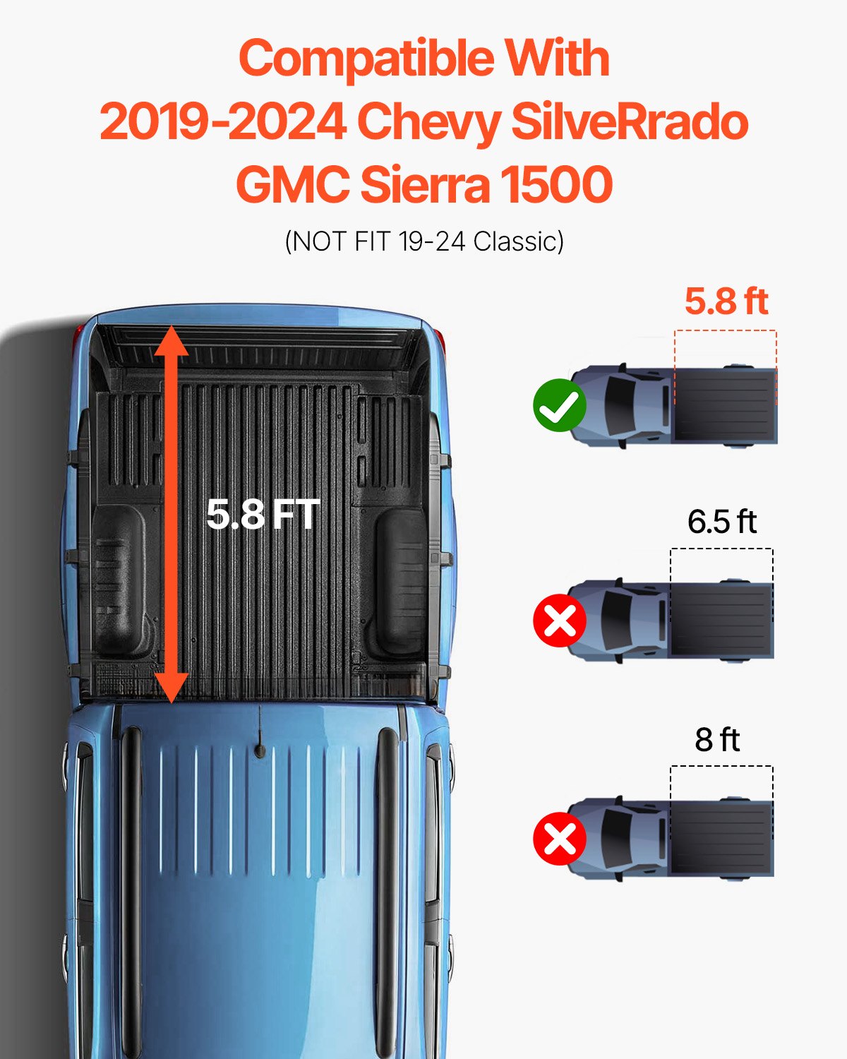 Automotive Parts: VEVOR Tri-Fold Truck Bed Tonneau Cover, Compatible with 2019-2024 Chevy Silverado GMC Sierra 1500 (NOT FIT 19-24 Classic) 1775 mm Bed, Fit 1775 x 1608 mm Inside Bed, 181.4 kg Load Capacity, Black