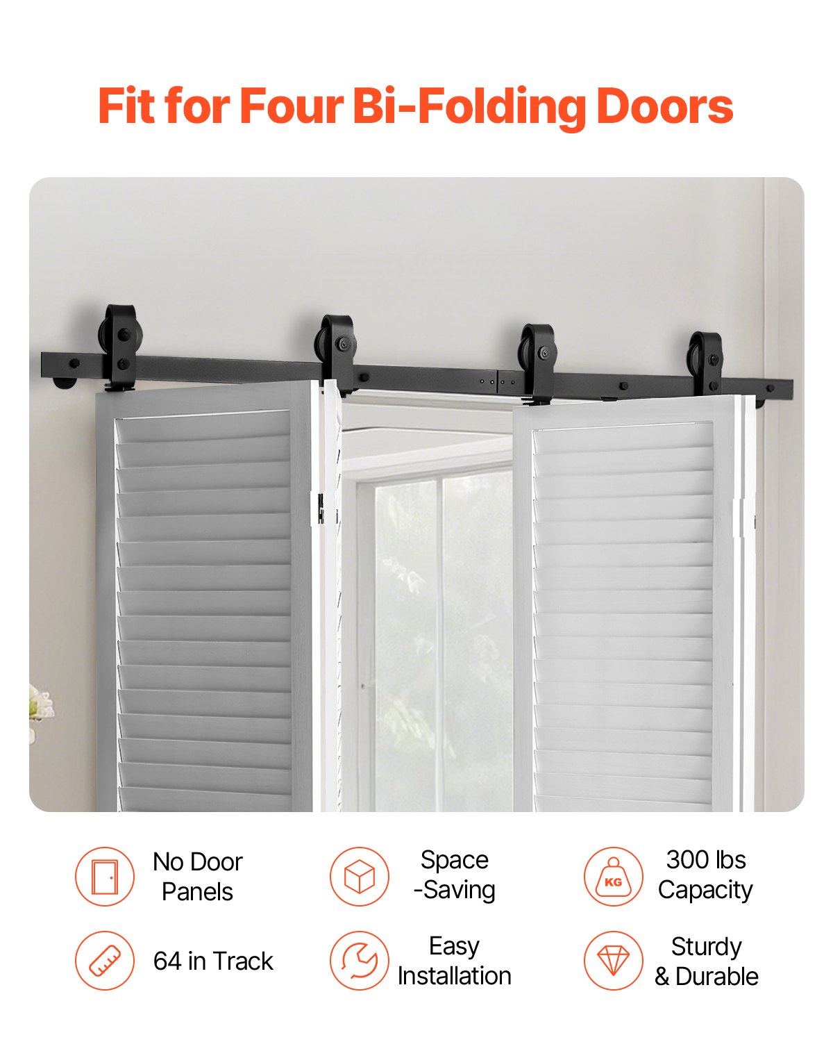 Door Hardware: VEVOR Bi-Folding Sliding Barn Door Hardware Track Kit, 64" Top Mount Track Kit, Slide Smoothly & Quietly, Heavy Duty, Easy to Install, Suitable for Four 15" Closet Pantry Laundry Doors (Not Included)