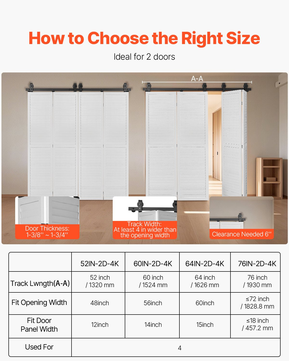 Door Hardware: VEVOR Bi-Folding Sliding Barn Door Hardware Track Kit, 64" Top Mount Track Kit, Slide Smoothly & Quietly, Heavy Duty, Easy to Install, Suitable for Four 15" Closet Pantry Laundry Doors (Not Included)