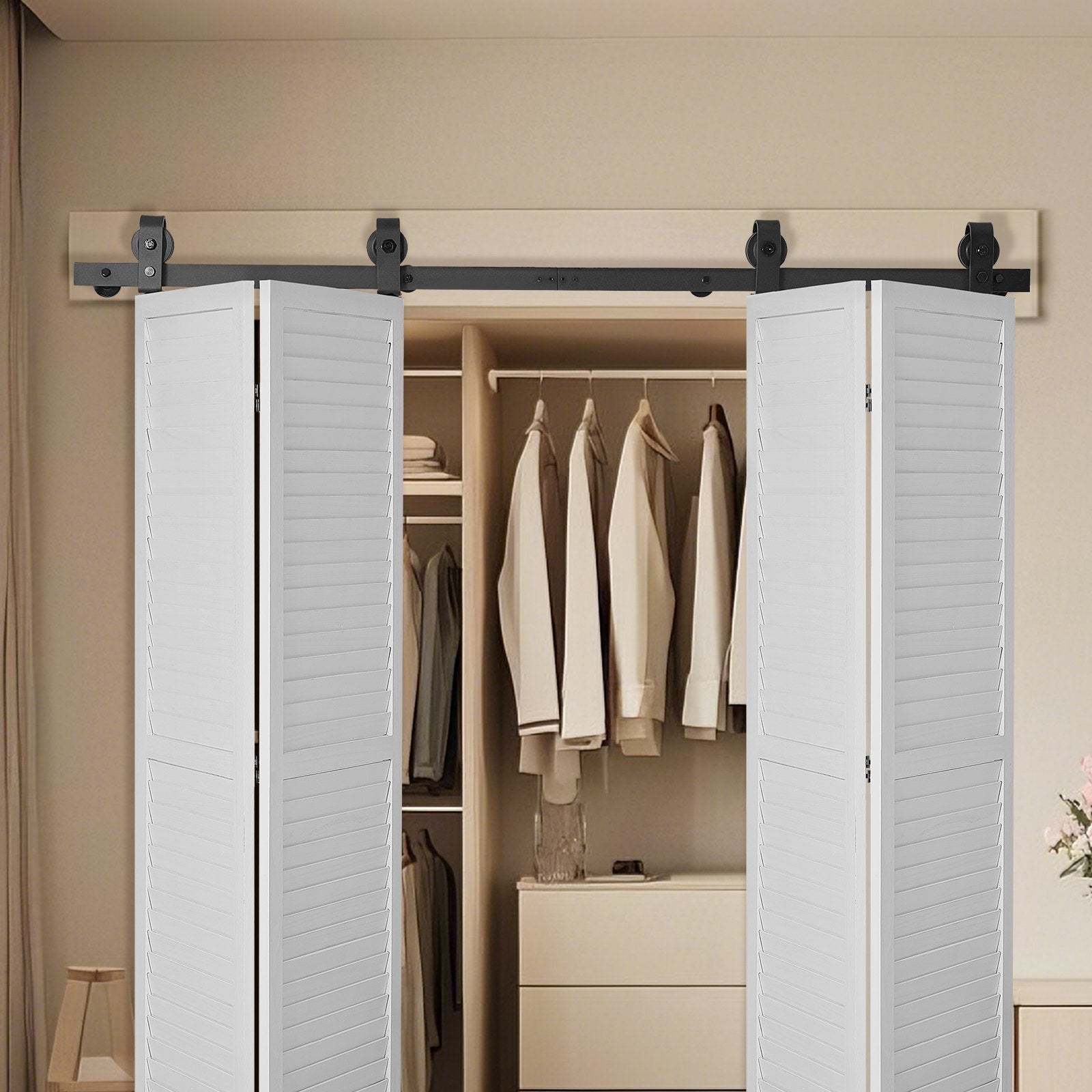 Door Hardware: VEVOR Bi-Folding Sliding Barn Door Hardware Track Kit, 64" Top Mount Track Kit, Slide Smoothly & Quietly, Heavy Duty, Easy to Install, Suitable for Four 15" Closet Pantry Laundry Doors (Not Included)