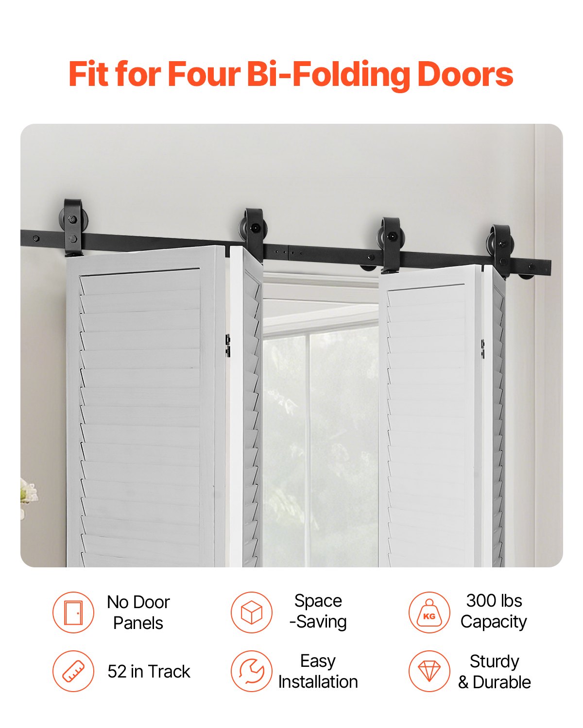 Door Hardware: VEVOR Bi-Folding Sliding Barn Door Hardware Track Kit, 52" Top Mount Track Kit, Slide Smoothly & Quietly, Heavy Duty, Easy to Install, Suitable for Four 12" Closet Pantry Laundry Doors (Not Included)