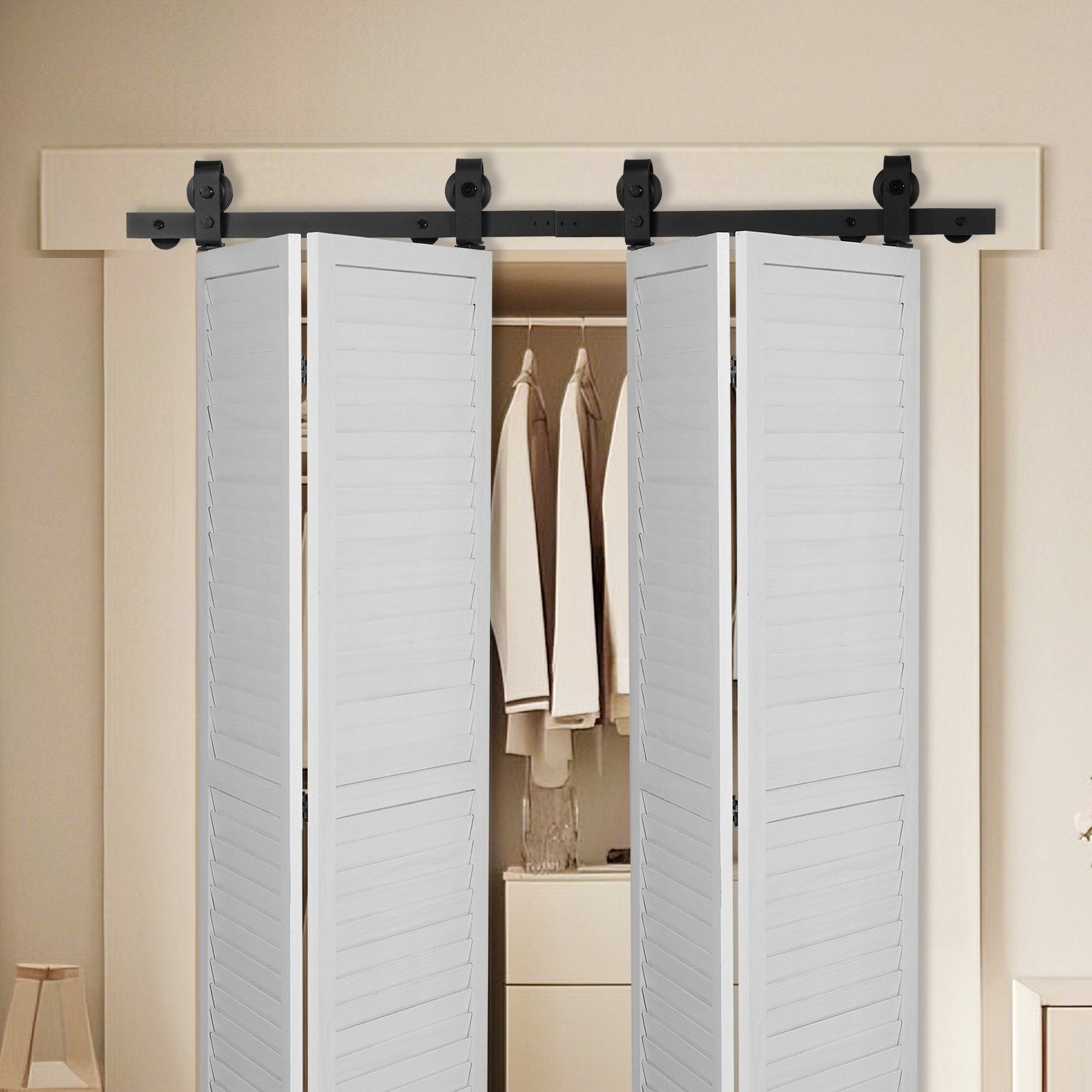Door Hardware: VEVOR Bi-Folding Sliding Barn Door Hardware Track Kit, 52" Top Mount Track Kit, Slide Smoothly & Quietly, Heavy Duty, Easy to Install, Suitable for Four 12" Closet Pantry Laundry Doors (Not Included)