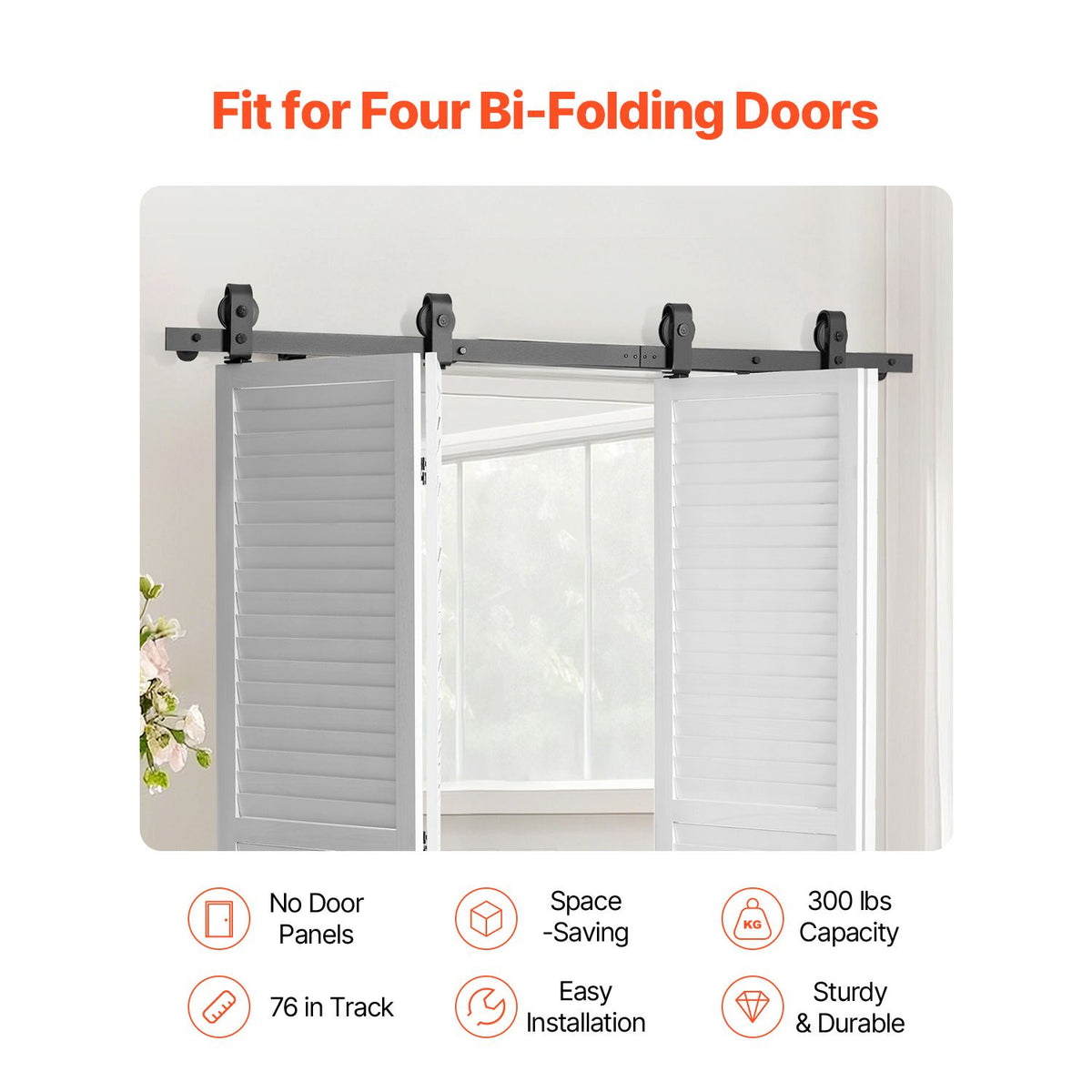 Bi-Folding Sliding Barn Door Hardware Track Kit, 76" Top Mount Track Kit, Slide Smoothly & Quietly, Heavy Duty, Easy to Install, Suitable for Four 18" Closet Pantry Laundry Doors (Not Included)