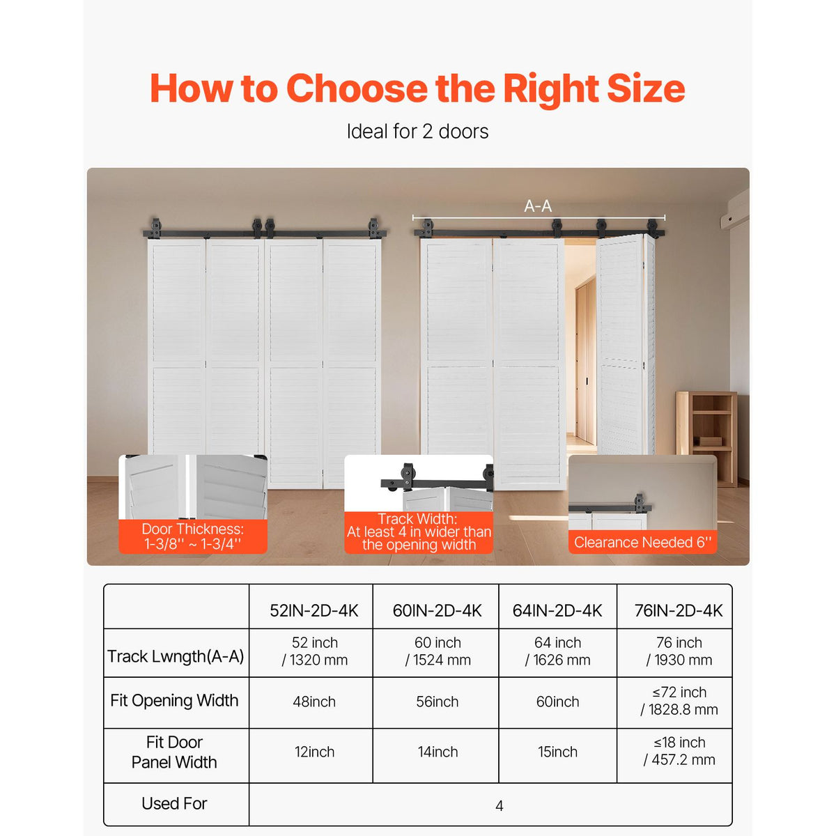 Bi-Folding Sliding Barn Door Hardware Track Kit, 76" Top Mount Track Kit, Slide Smoothly & Quietly, Heavy Duty, Easy to Install, Suitable for Four 18" Closet Pantry Laundry Doors (Not Included)