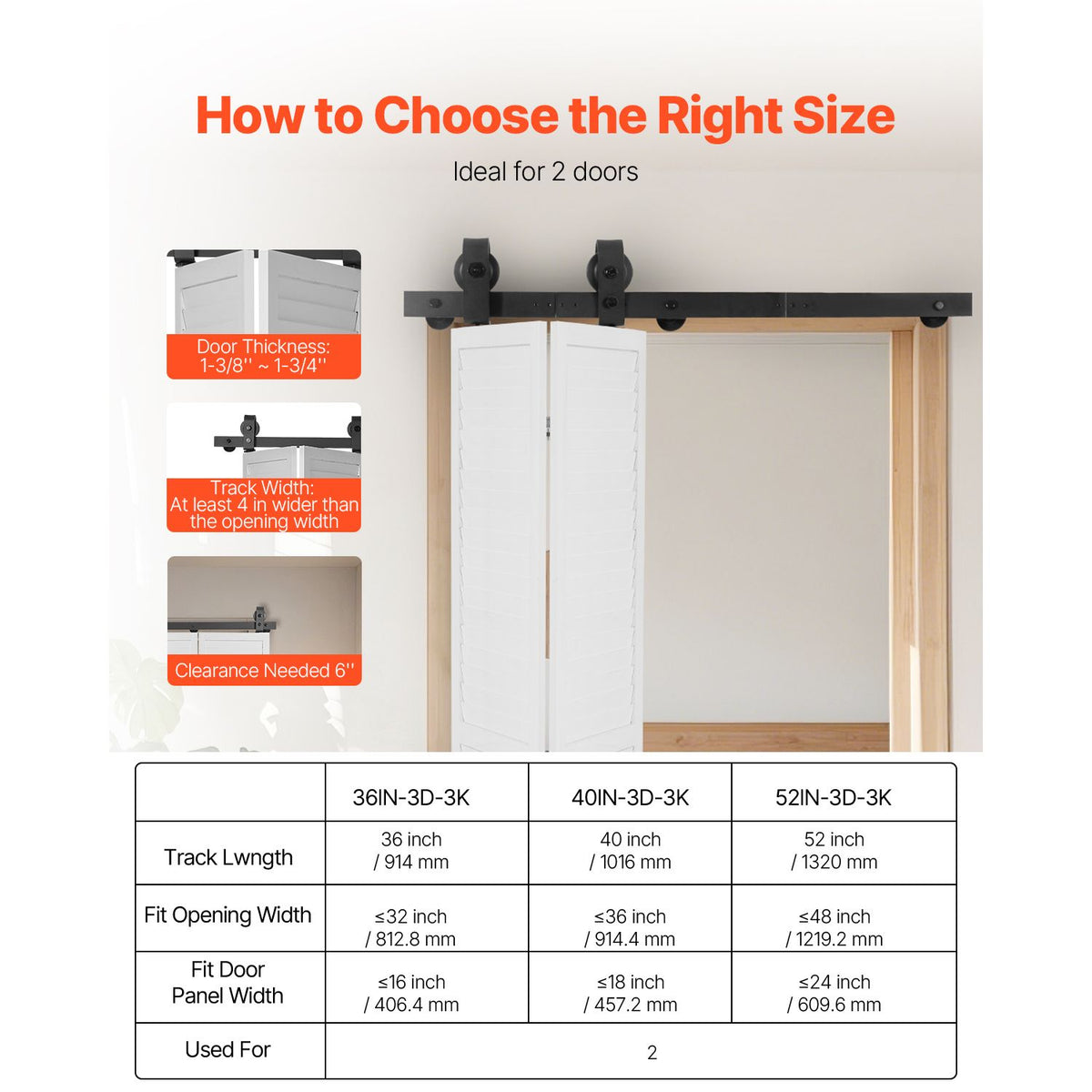Bi-Folding Sliding Barn Door Hardware Track Kit, 36" Top Mount Track Kit, Slide Smoothly & Quietly, Heavy Duty, Easy to Install, Suitable for Two 16" Closet Pantry Laundry Doors (Not Included)