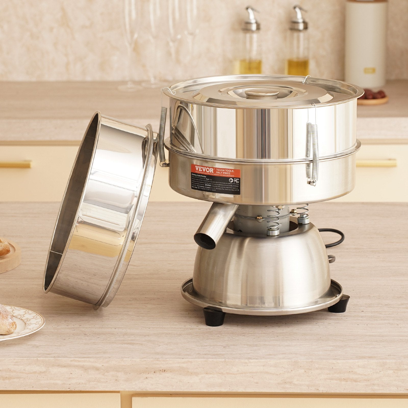 Automatic Electric Vibrating Sieve, Stainless Steel Sifter Shaker Machine with 10+60 Mesh, 45W Automatic Powder Sifter Machine Countertop, Electric Sieve Shaker for Flour Powers, Mungbean, Rice