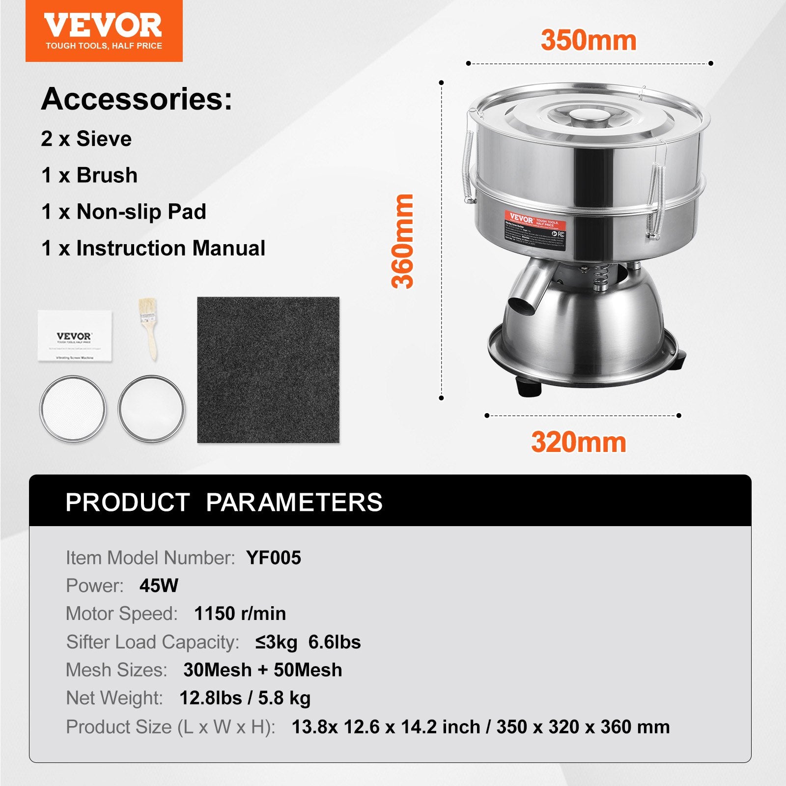 Food Storage: VEVOR Automatic Electric Vibrating Sieve, Stainless Steel Sifter Shaker Machine with 30+50 Mesh, 45W Automatic Powder Sifter Machine Countertop, Electric Sieve Shaker for Flour Powers, Mungbean, Rice