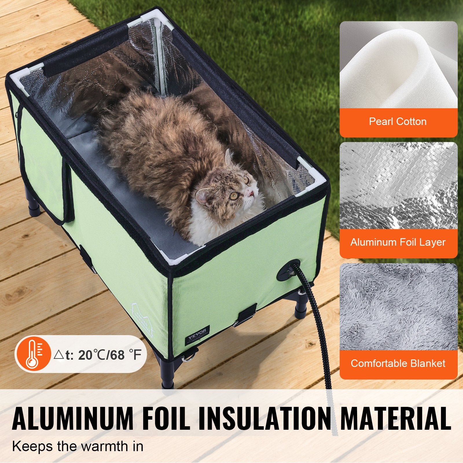 Elevated Heated Cat House, Cuboid Kitty Shelter with Adjustable Temperature and Timer, 900D Oxford Cloth Foldable Cat Shelter with Heated Pad for Winter to Stay Warm and Cozy, Green (Large)