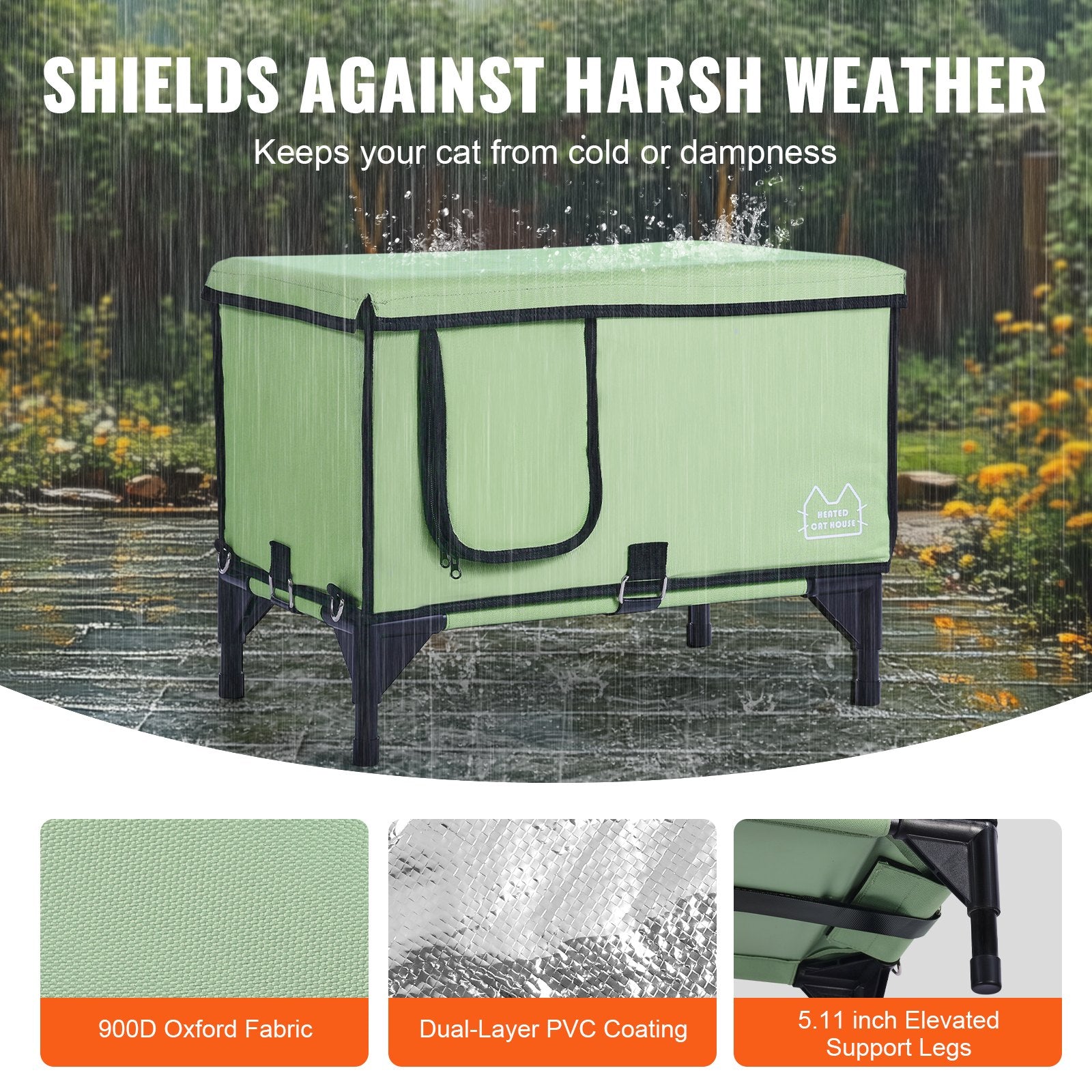 Elevated Heated Cat House, Cuboid Kitty Shelter with Adjustable Temperature and Timer, 900D Oxford Cloth Foldable Cat Shelter with Heated Pad for Winter to Stay Warm and Cozy, Green (Large)