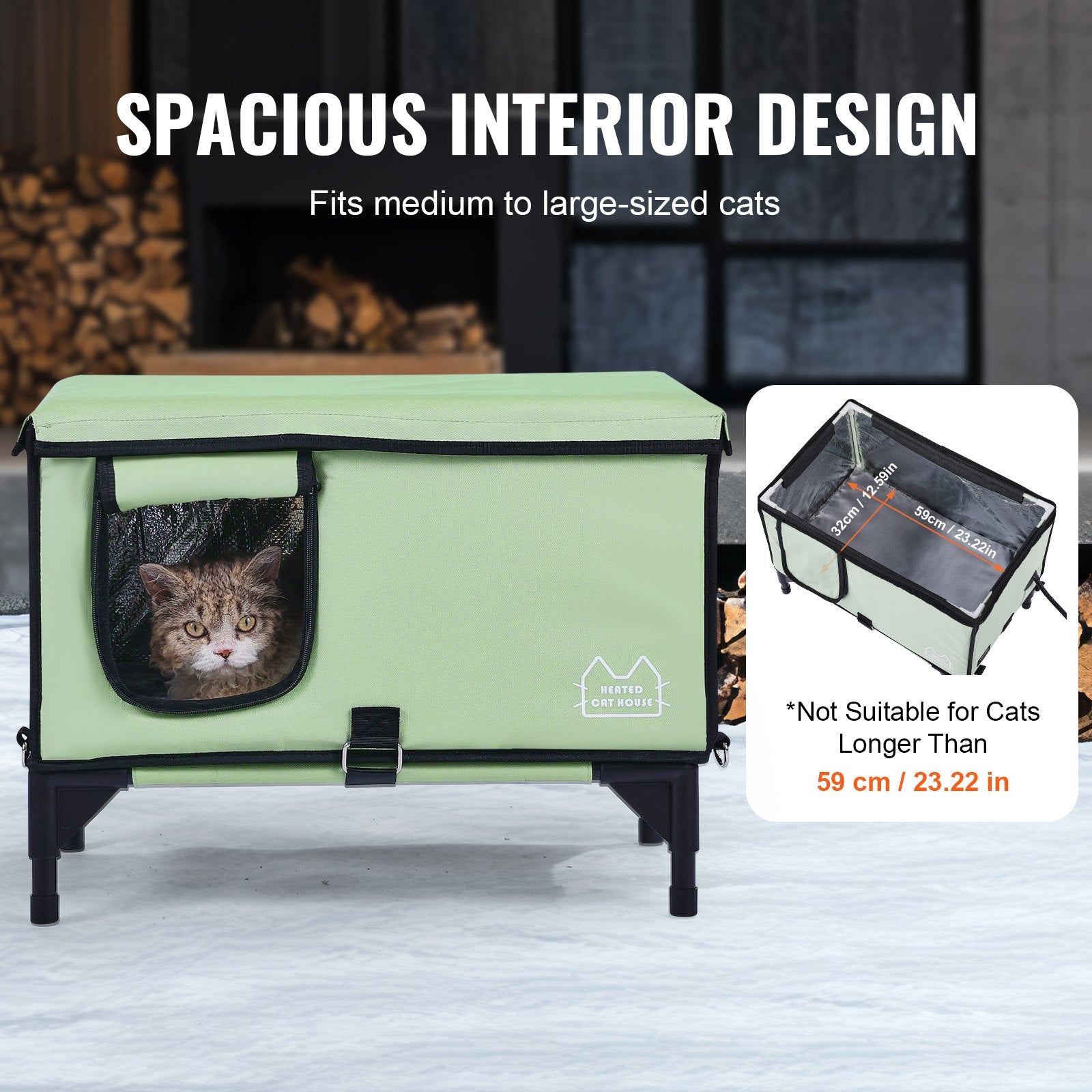 Elevated Heated Cat House, Cuboid Kitty Shelter with Adjustable Temperature and Timer, 900D Oxford Cloth Foldable Cat Shelter with Heated Pad for Winter to Stay Warm and Cozy, Green (Large)