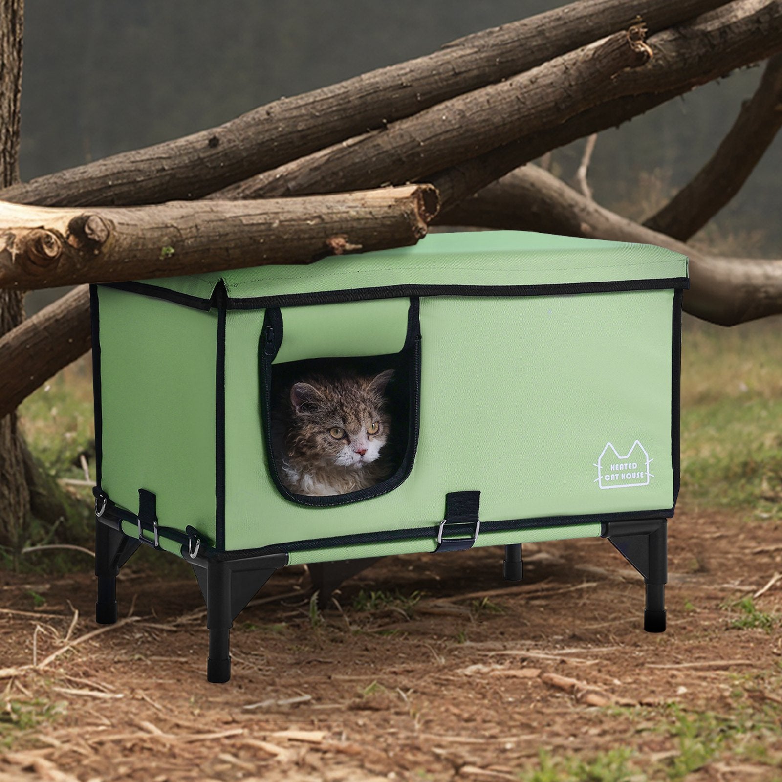 Elevated Heated Cat House, Cuboid Kitty Shelter with Adjustable Temperature and Timer, 900D Oxford Cloth Foldable Cat Shelter with Heated Pad for Winter to Stay Warm and Cozy, Green (Large)