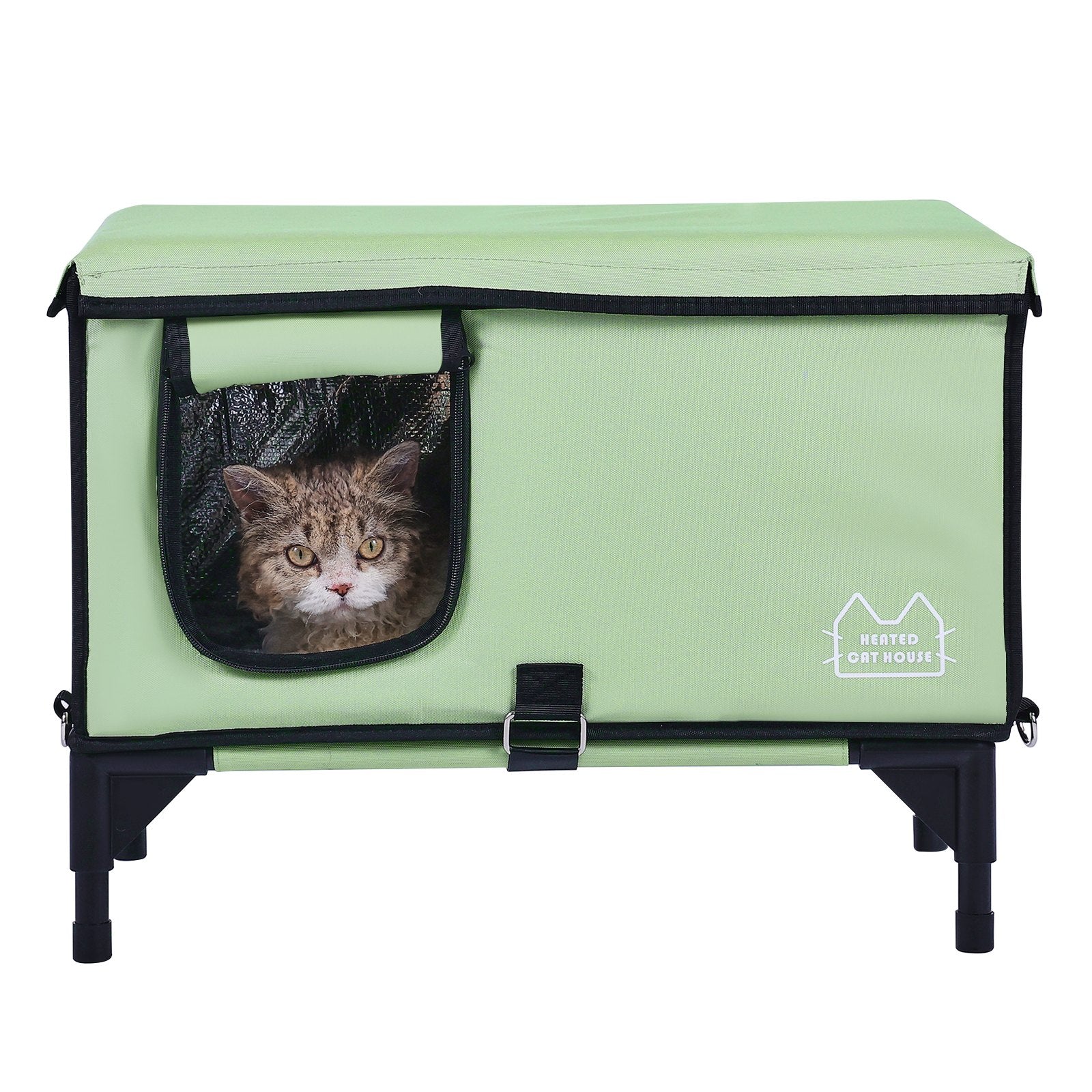 Elevated Heated Cat House, Cuboid Kitty Shelter with Adjustable Temperature and Timer, 900D Oxford Cloth Foldable Cat Shelter with Heated Pad for Winter to Stay Warm and Cozy, Green (Large)