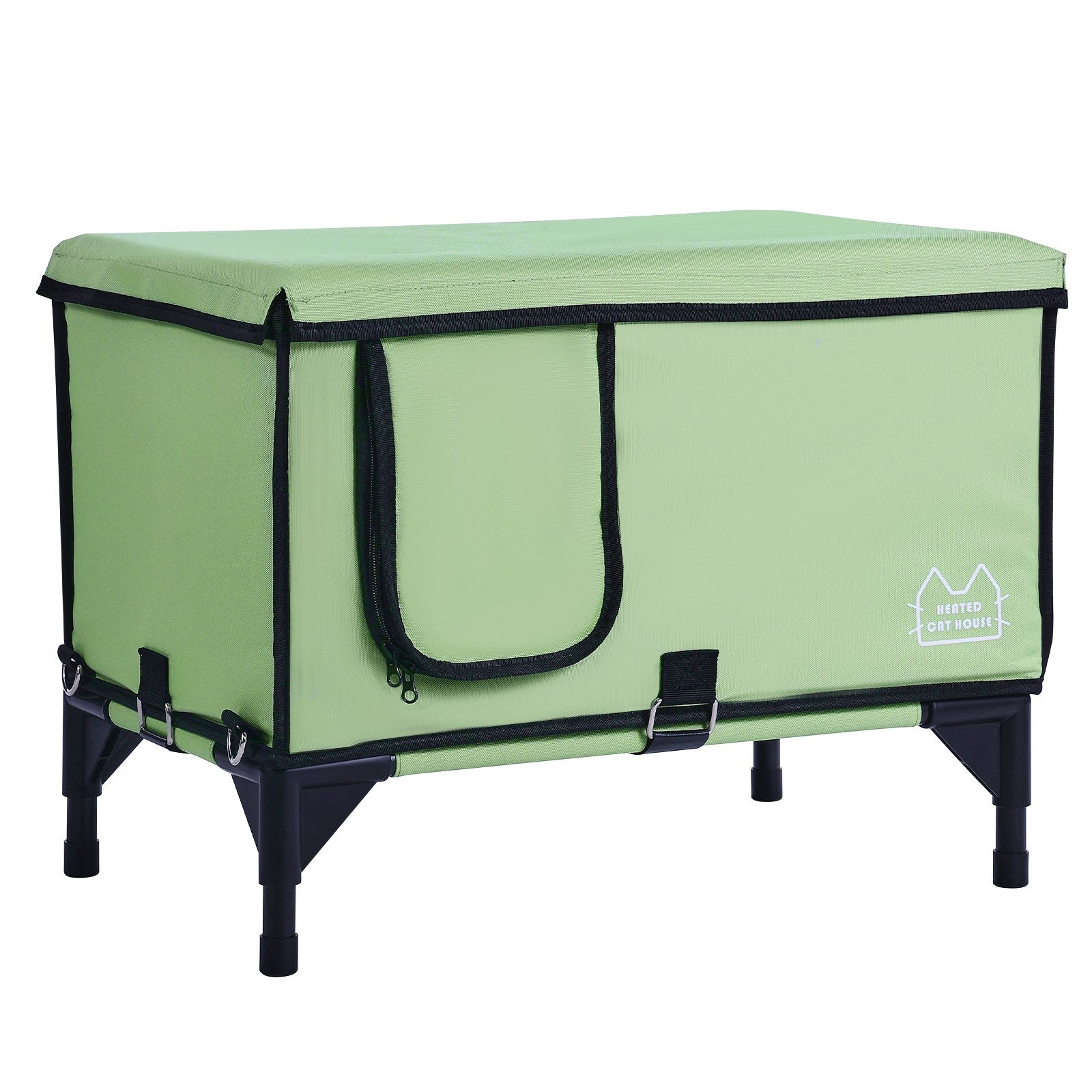 Elevated Heated Cat House, Cuboid Kitty Shelter with Adjustable Temperature and Timer, 900D Oxford Cloth Foldable Cat Shelter with Heated Pad for Winter to Stay Warm and Cozy, Green (Large)