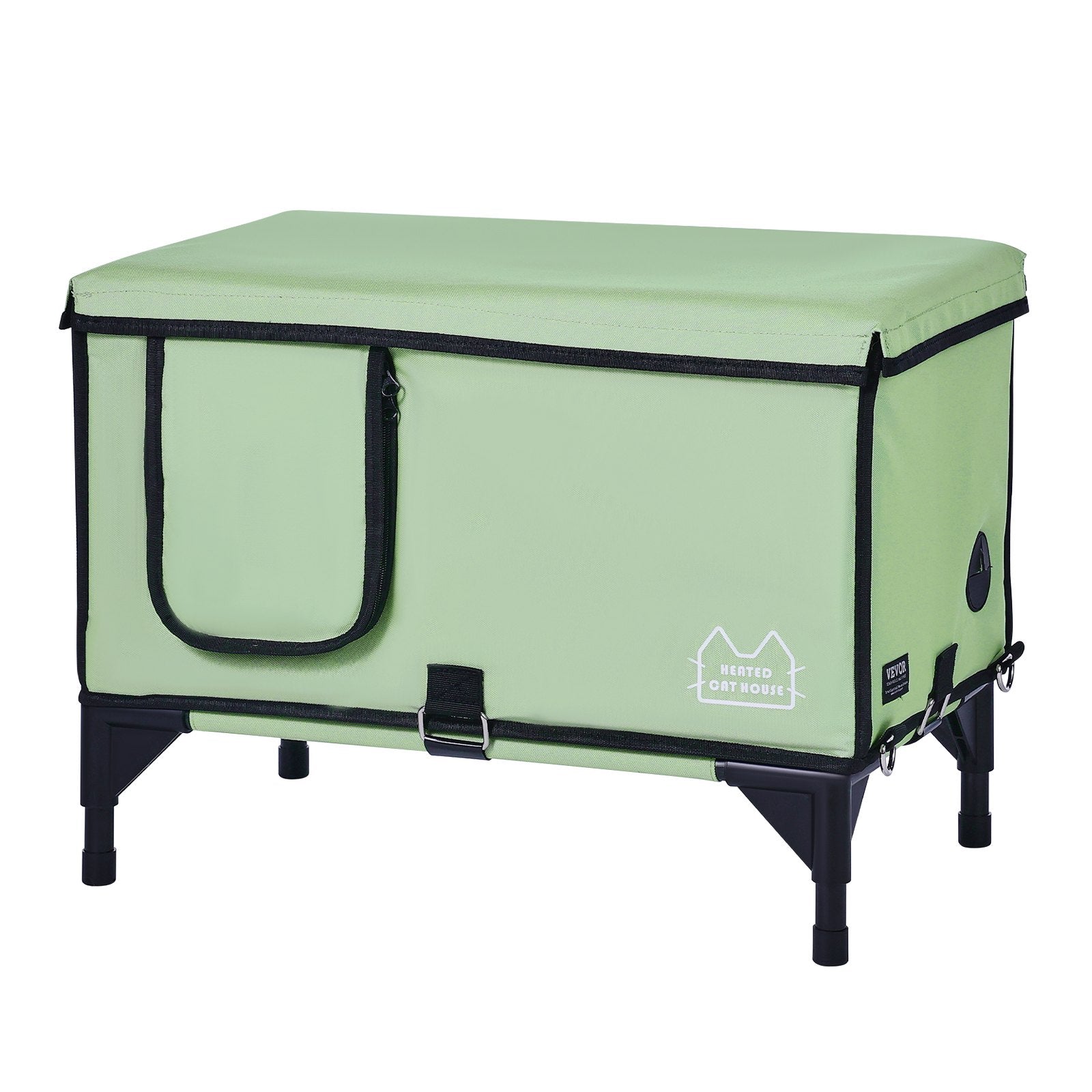 Elevated Heated Cat House, Cuboid Kitty Shelter with Adjustable Temperature and Timer, 900D Oxford Cloth Foldable Cat Shelter with Heated Pad for Winter to Stay Warm and Cozy, Green (Large)