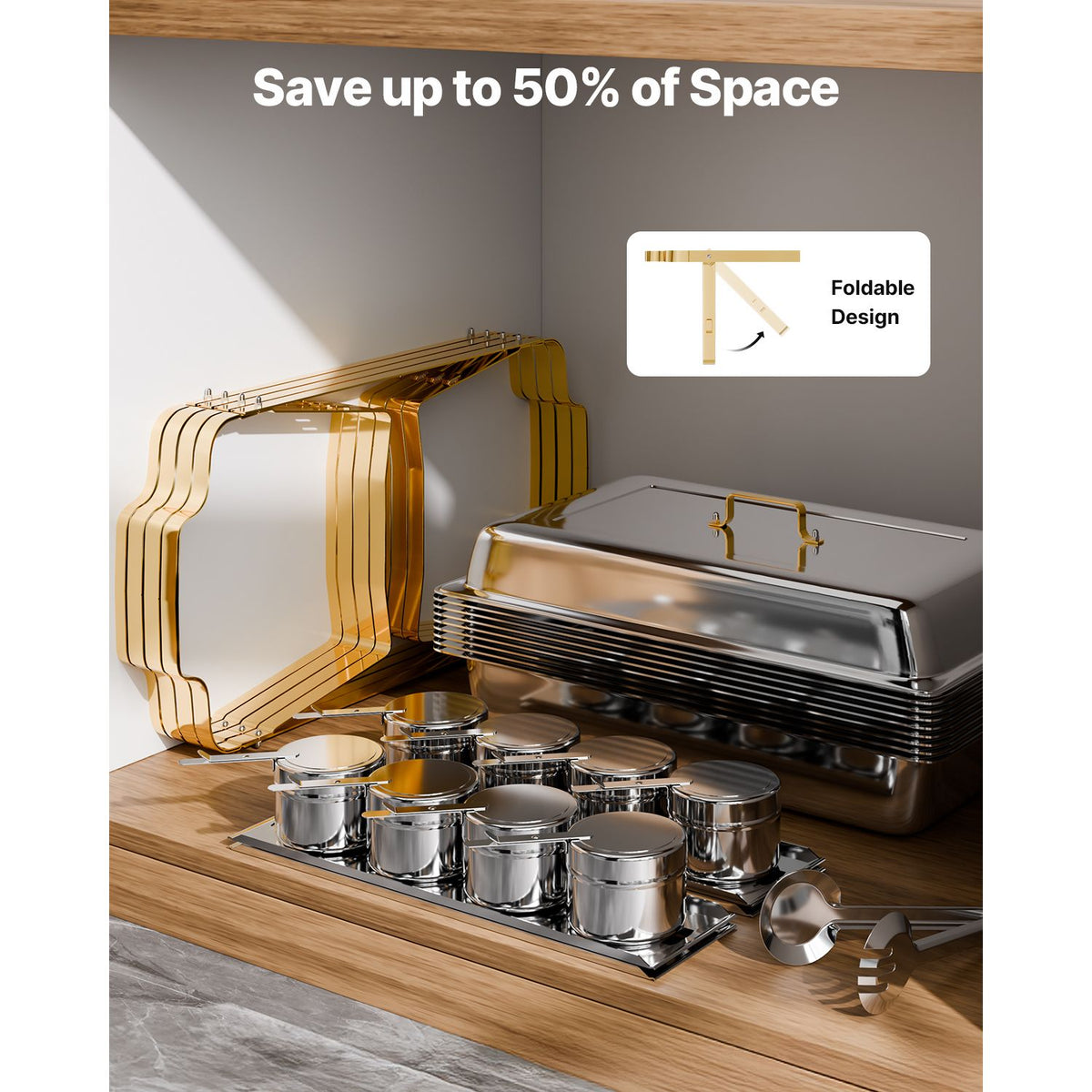 Chafing Dish Buffet Set, 8 Qt 4 Pack, Stainless Steel Chafer with 2 Full Size and 4 Half Size Pans, Rectangle Catering Warmer Server with Lid Water Pan Stand, for Weddings Parties Banquets, Gold