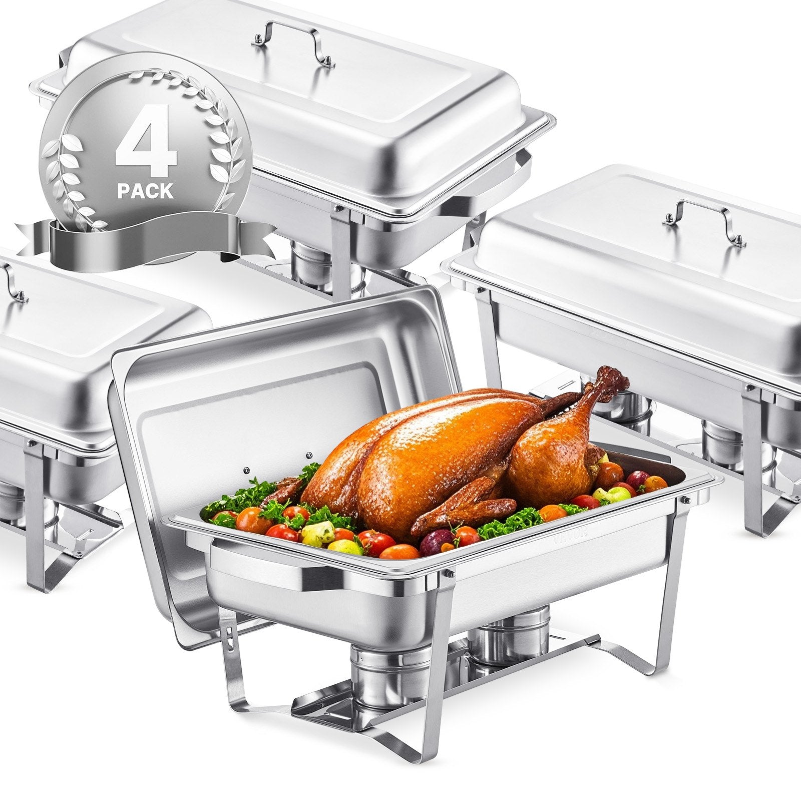 Food Warmers & Chafing Dishes: VEVOR 8 Qt 4 Pack Rectangle Chafing Dish Buffet Set Fullsize Pan Stainless Steel