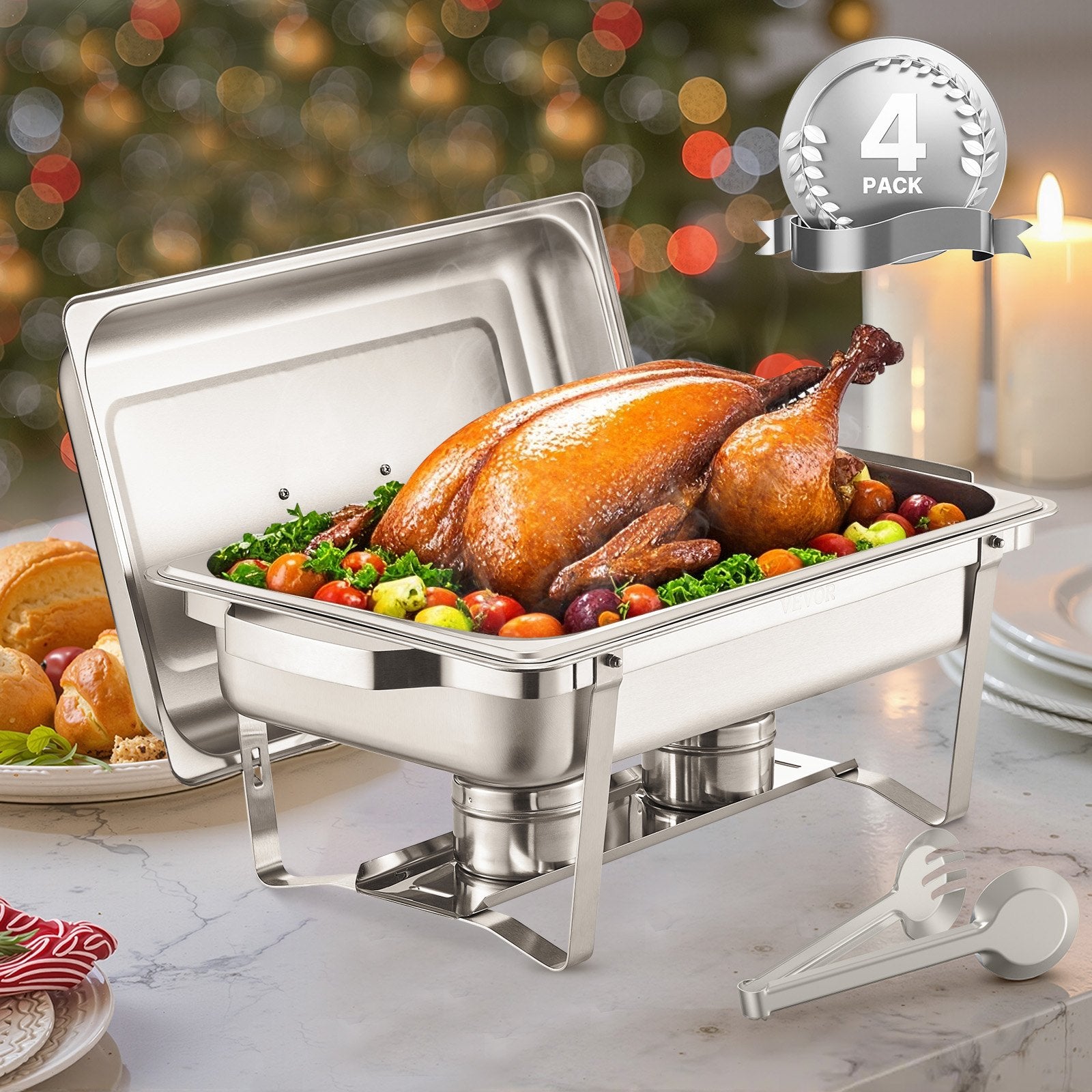 Food Warmers & Chafing Dishes: VEVOR 8 Qt 4 Pack Rectangle Chafing Dish Buffet Set Fullsize Pan Stainless Steel