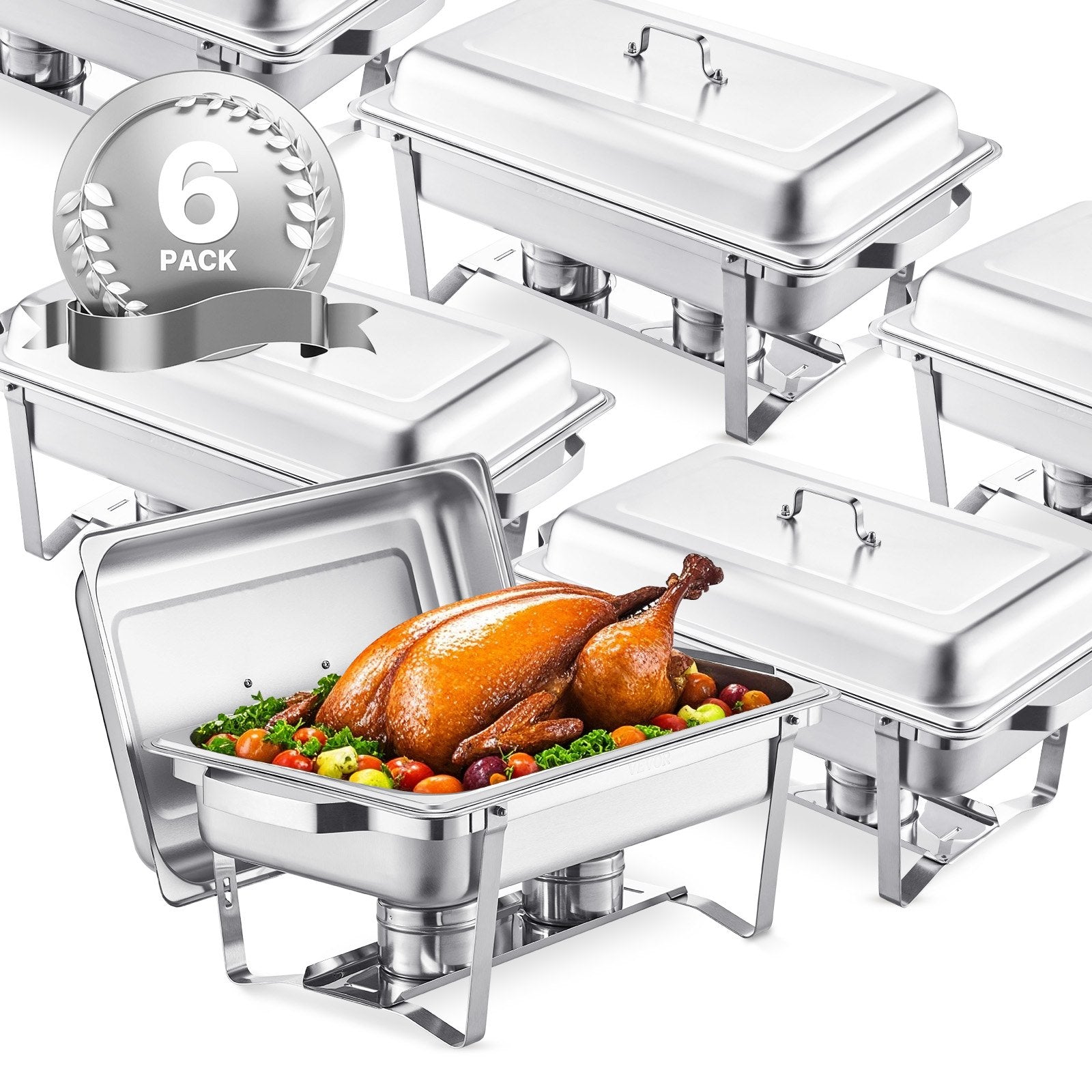 Food Warmers & Chafing Dishes: VEVOR 8 Qt 6 Pack Rectangle Chafing Dish Buffet Set Fullsize Pan Stainless Steel