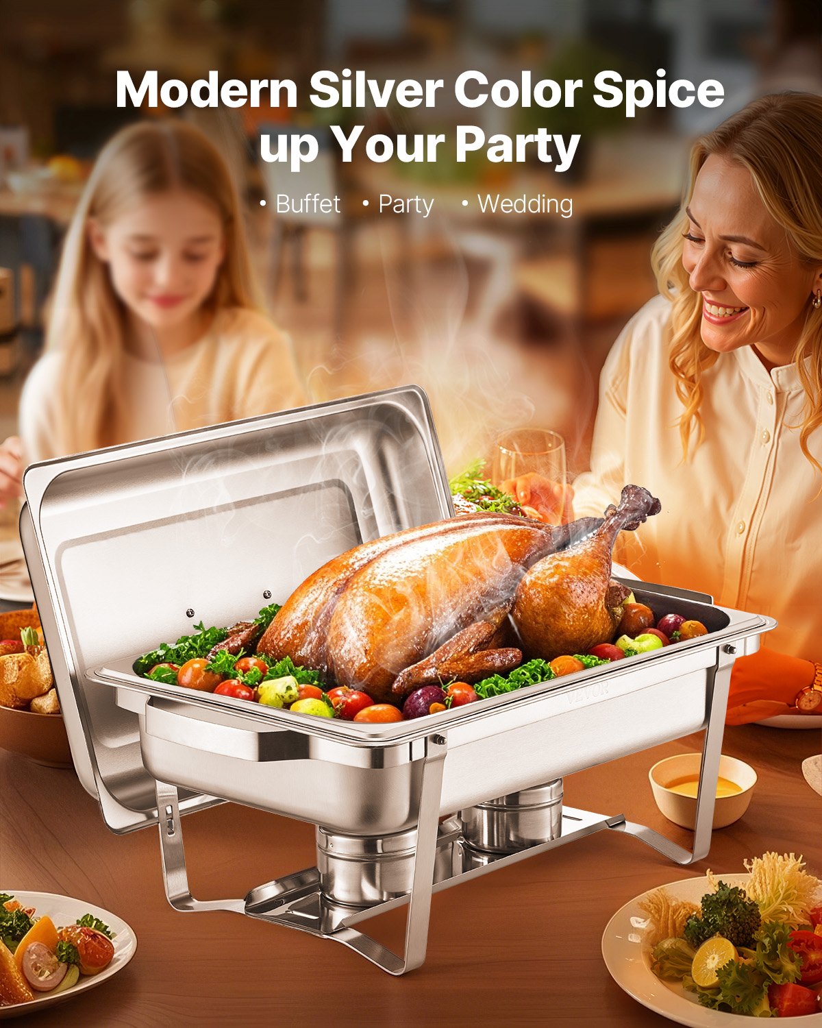 Food Warmers & Chafing Dishes: VEVOR 8 Qt 6 Pack Rectangle Chafing Dish Buffet Set Fullsize Pan Stainless Steel