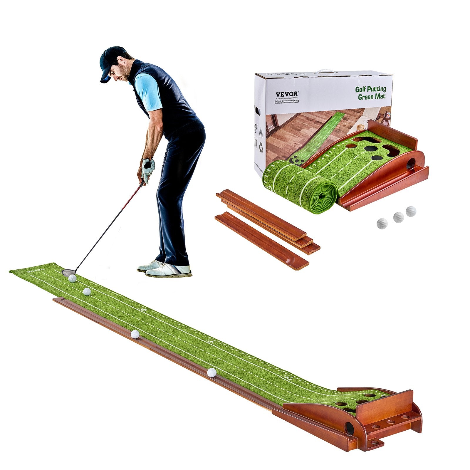 Basketball & Basketball Accessories: VEVOR Golf Putting Mat, 5 Hole Indoor Golf Putting Green, Wrinkle-Free Golf Training Aid, Mini Golf Set  with Auto-Ball Return, Alignment Guide, 3 Ball, Wood Base, Game Practice Gift for Home Offic