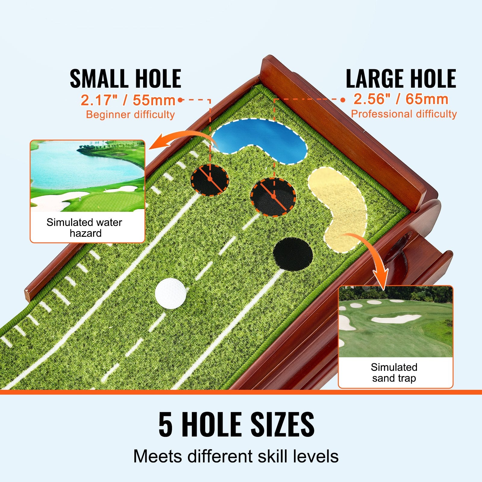 Basketball & Basketball Accessories: VEVOR Golf Putting Mat, 5 Hole Indoor Golf Putting Green, Wrinkle-Free Golf Training Aid, Mini Golf Set  with Auto-Ball Return, Alignment Guide, 3 Ball, Wood Base, Game Practice Gift for Home Offic