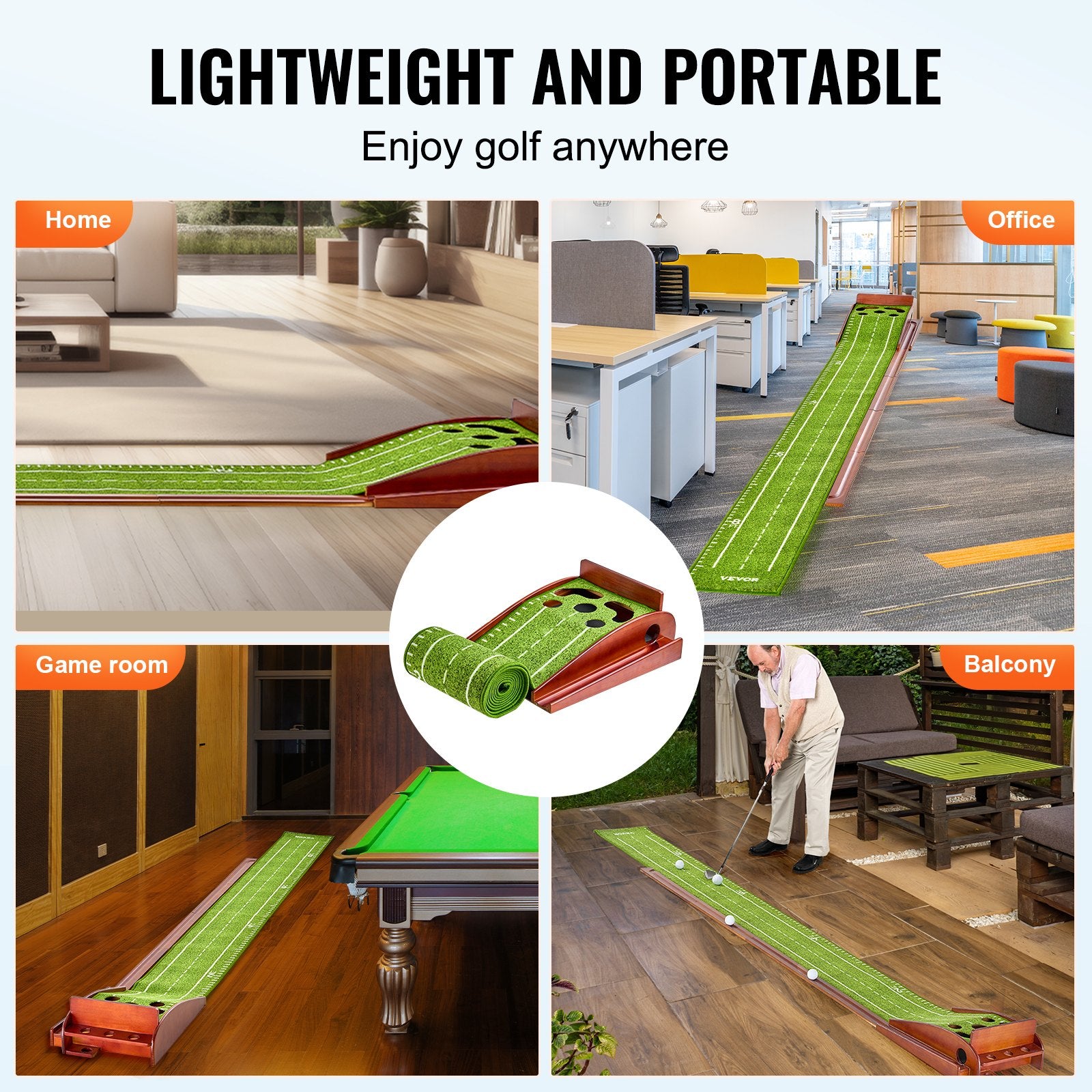 Basketball & Basketball Accessories: VEVOR Golf Putting Mat, 5 Hole Indoor Golf Putting Green, Wrinkle-Free Golf Training Aid, Mini Golf Set  with Auto-Ball Return, Alignment Guide, 3 Ball, Wood Base, Game Practice Gift for Home Offic