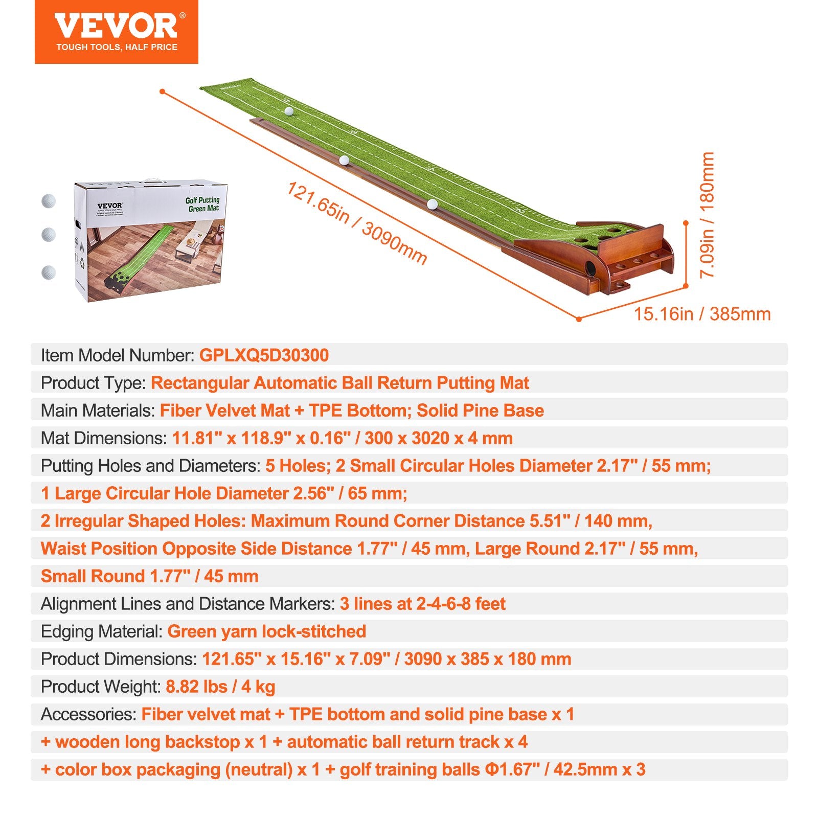 Basketball & Basketball Accessories: VEVOR Golf Putting Mat, 5 Hole Indoor Golf Putting Green, Wrinkle-Free Golf Training Aid, Mini Golf Set  with Auto-Ball Return, Alignment Guide, 3 Ball, Wood Base, Game Practice Gift for Home Offic