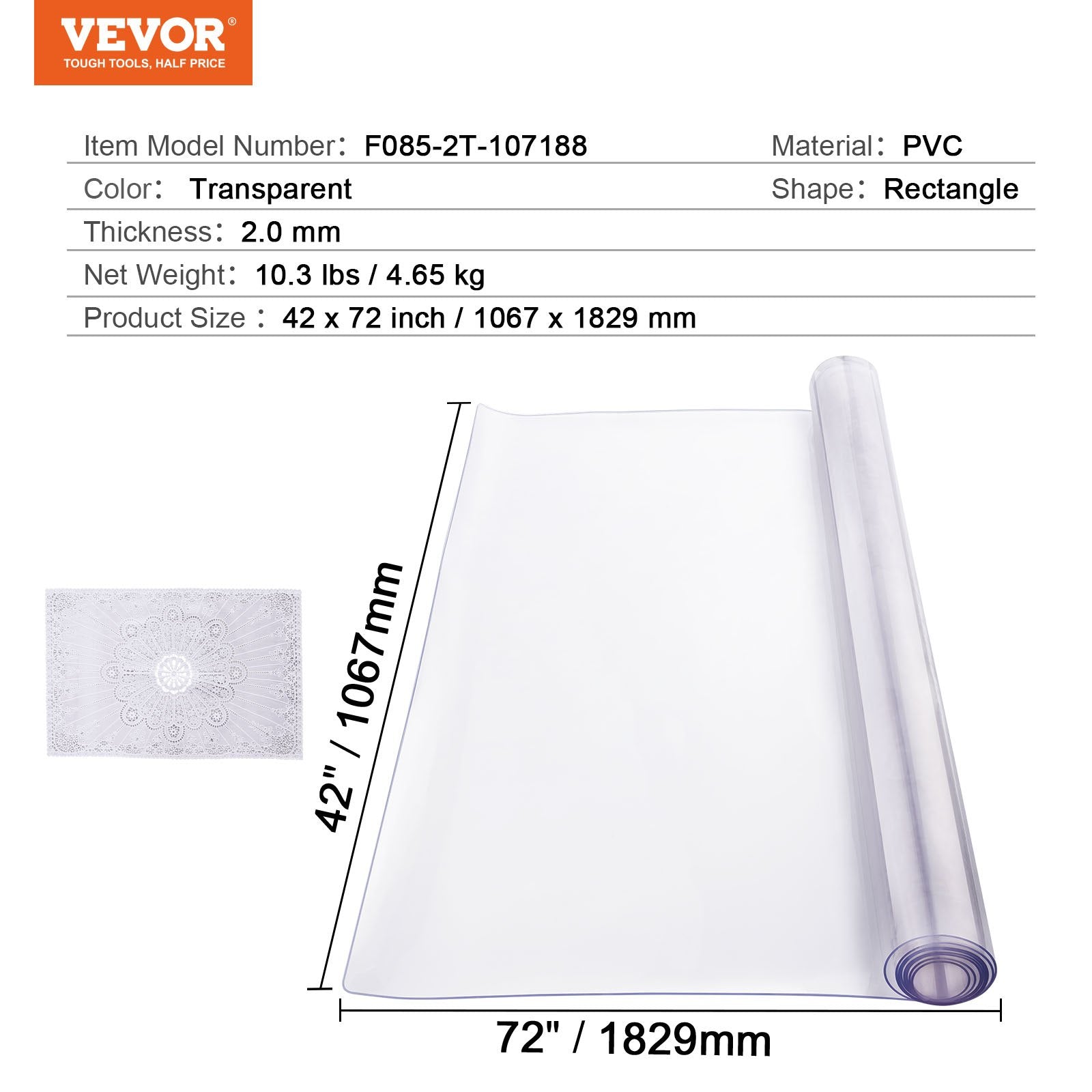 Audio Accessories: VEVOR Plastic Table Cover, 42 x 72 Inch 2.0 mm Thick Clear Table Protector, Rectangle PVC Desk Mat, Waterproof & Easy Cleaning Desk Pad Tablecloth, for Office Dresser Dining Room Table Night Stand